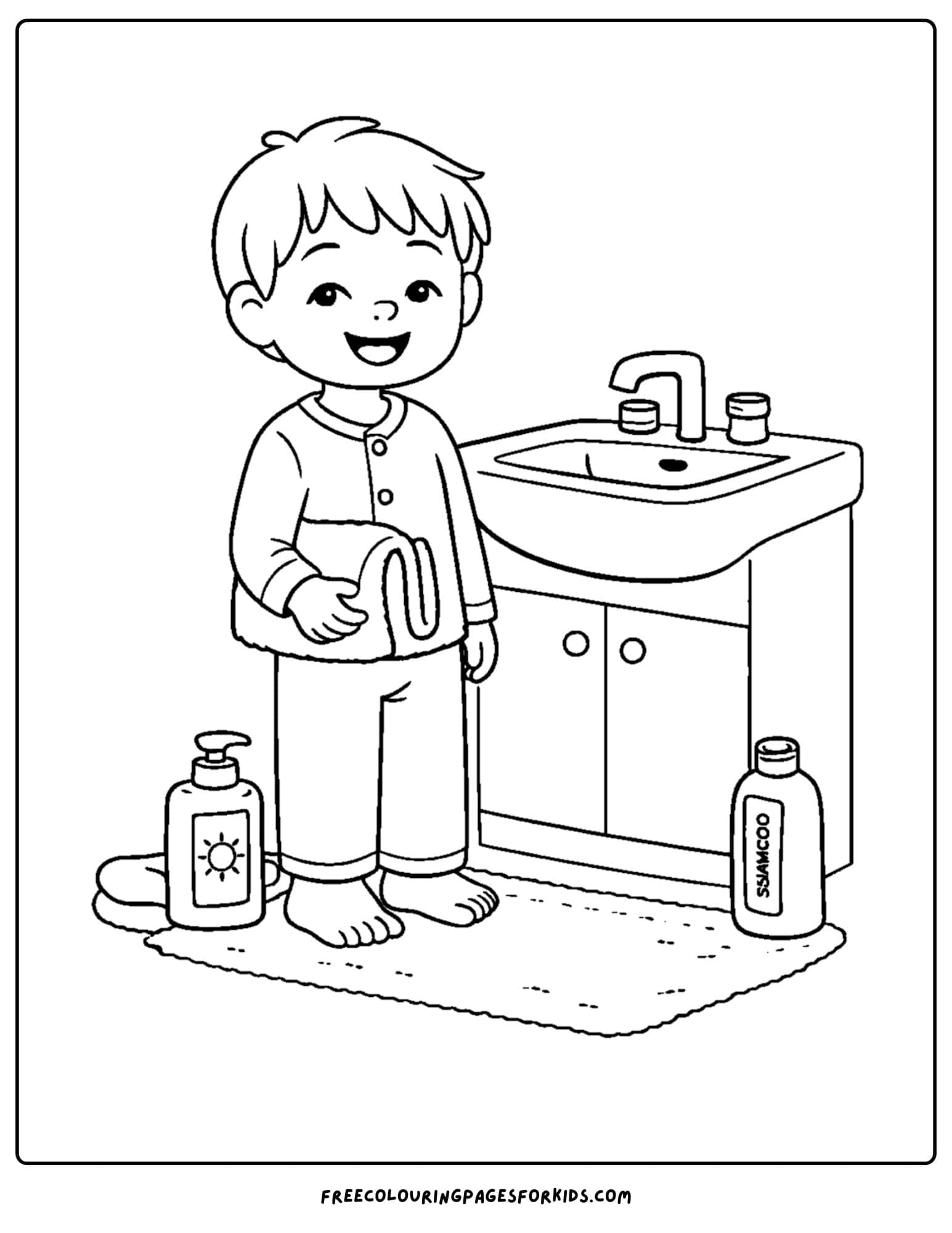 a coloring page showcasing kids skin care with them washing up before bed