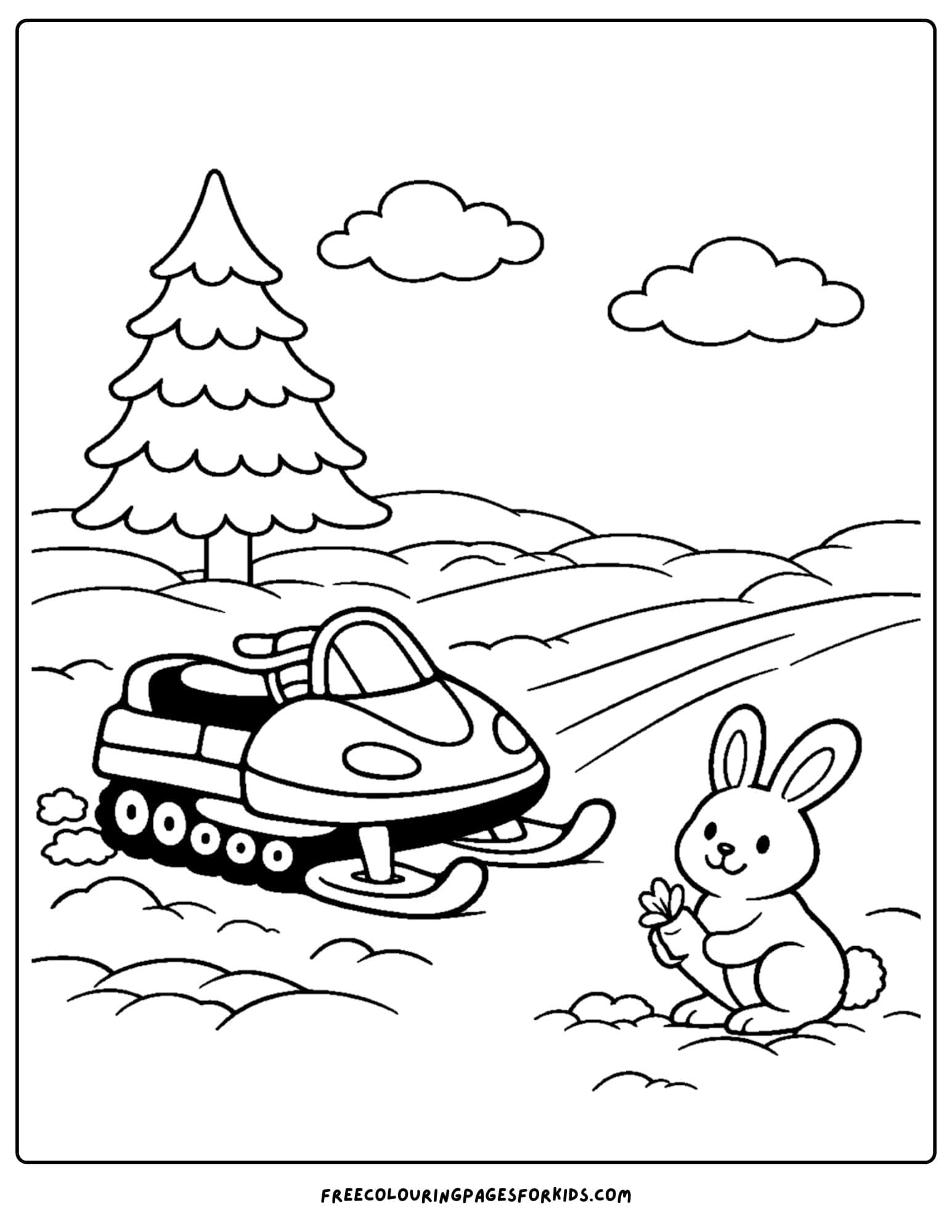 a snowmobile coloring page of a snowmobile and a bunny holding a carrot