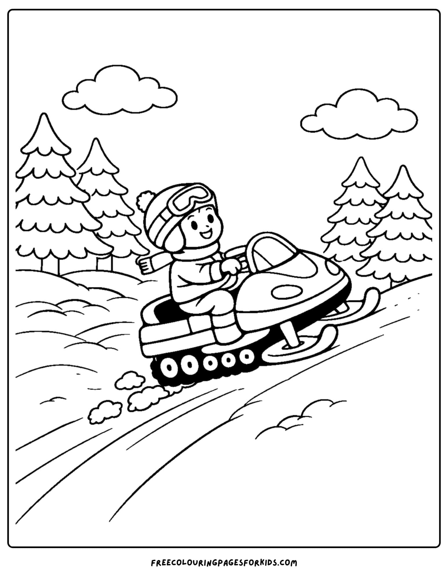 a snowmobile coloring page of a child riding the snowmobile up a snowy hill