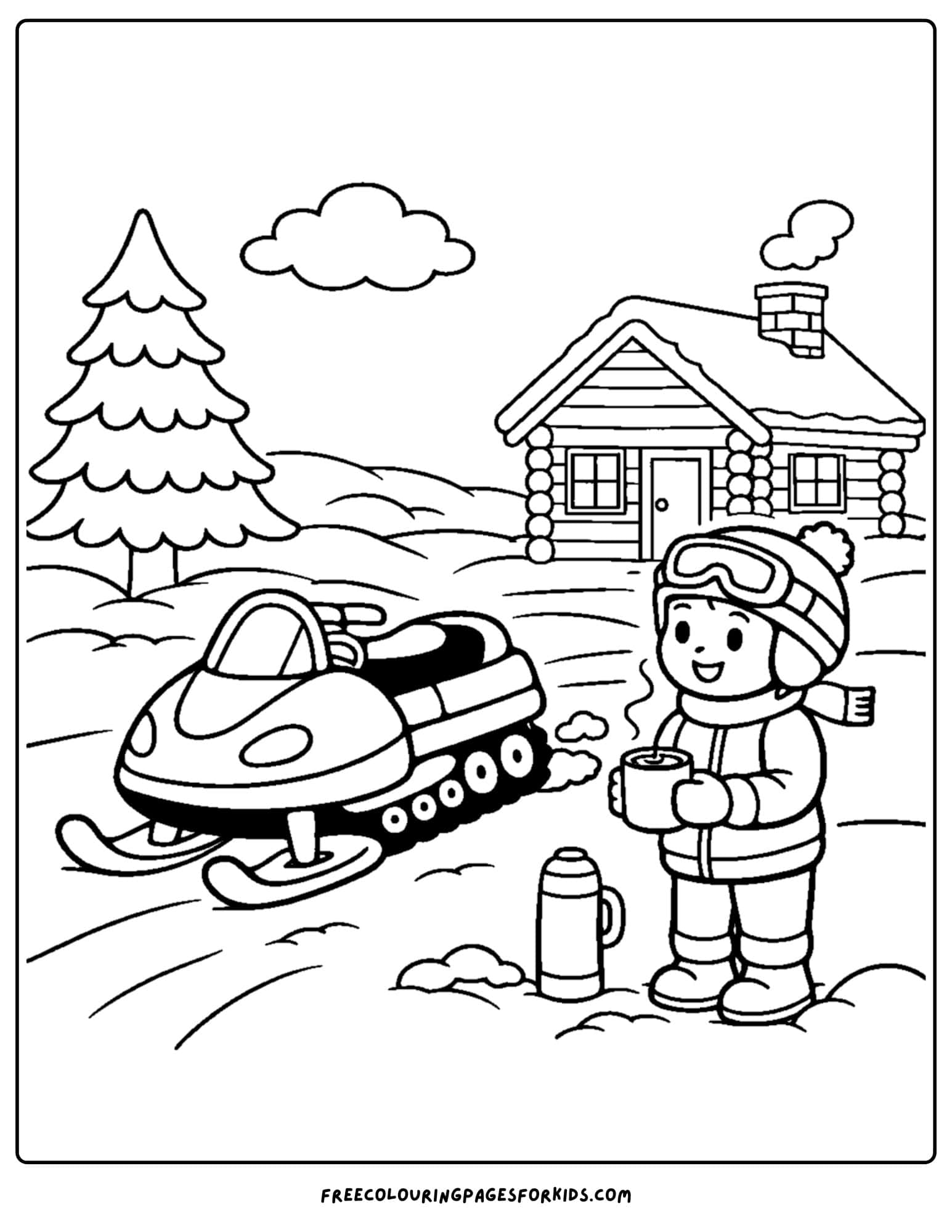 a snowmobile coloring page of child taking a cocoa break beside their snowmobile