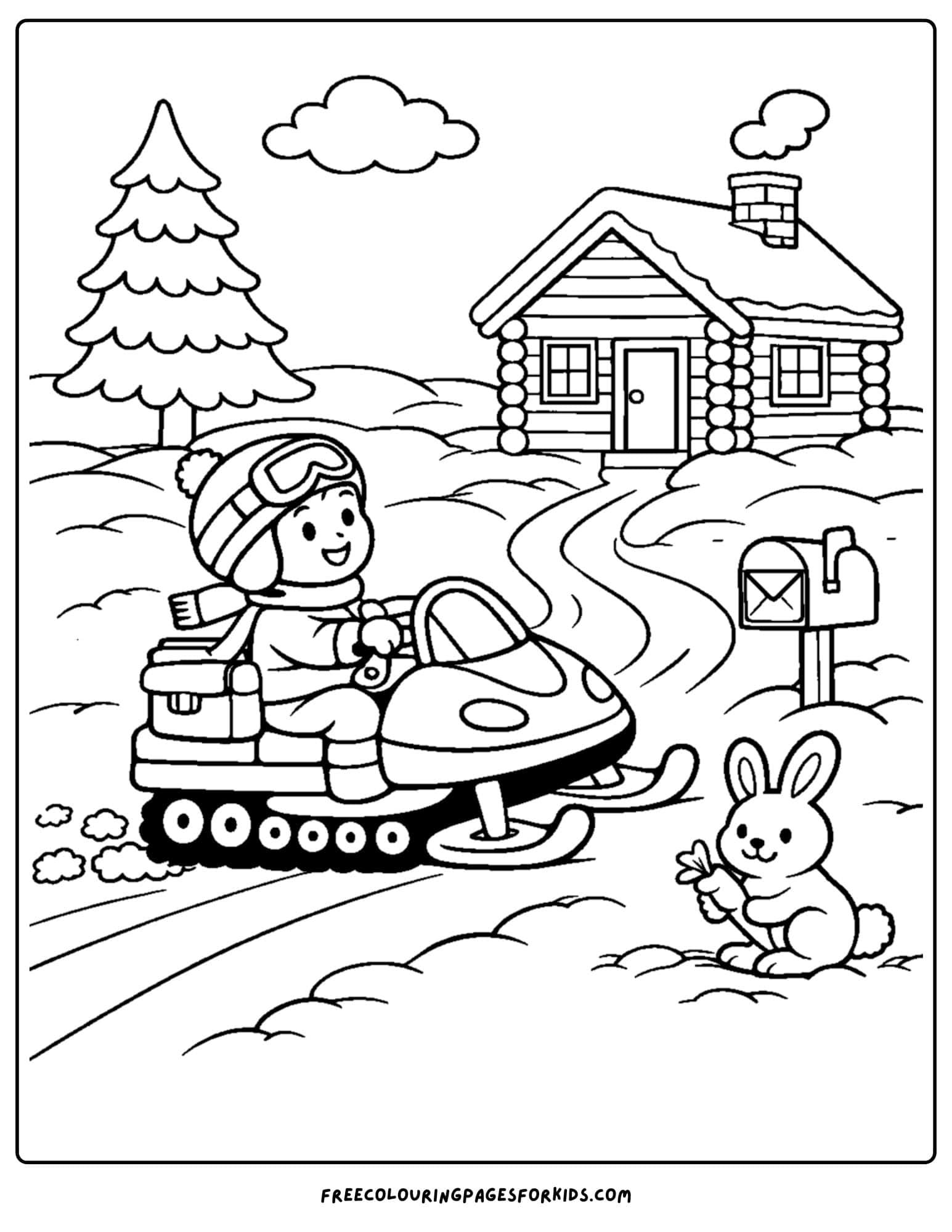 a snowmobile coloring page of a child delivering mail by snowmobile