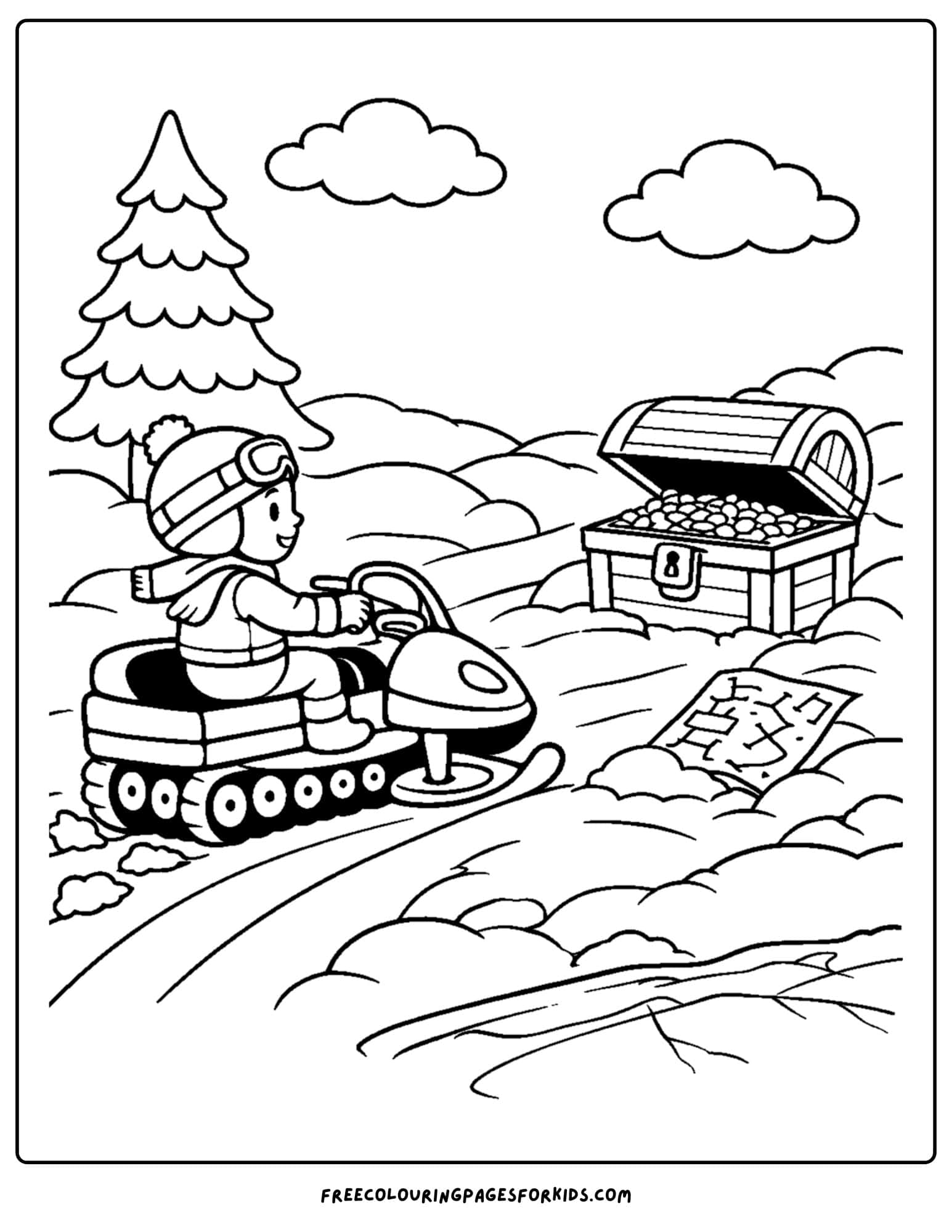 a snowmobile coloring page of a child finding a treasure chest