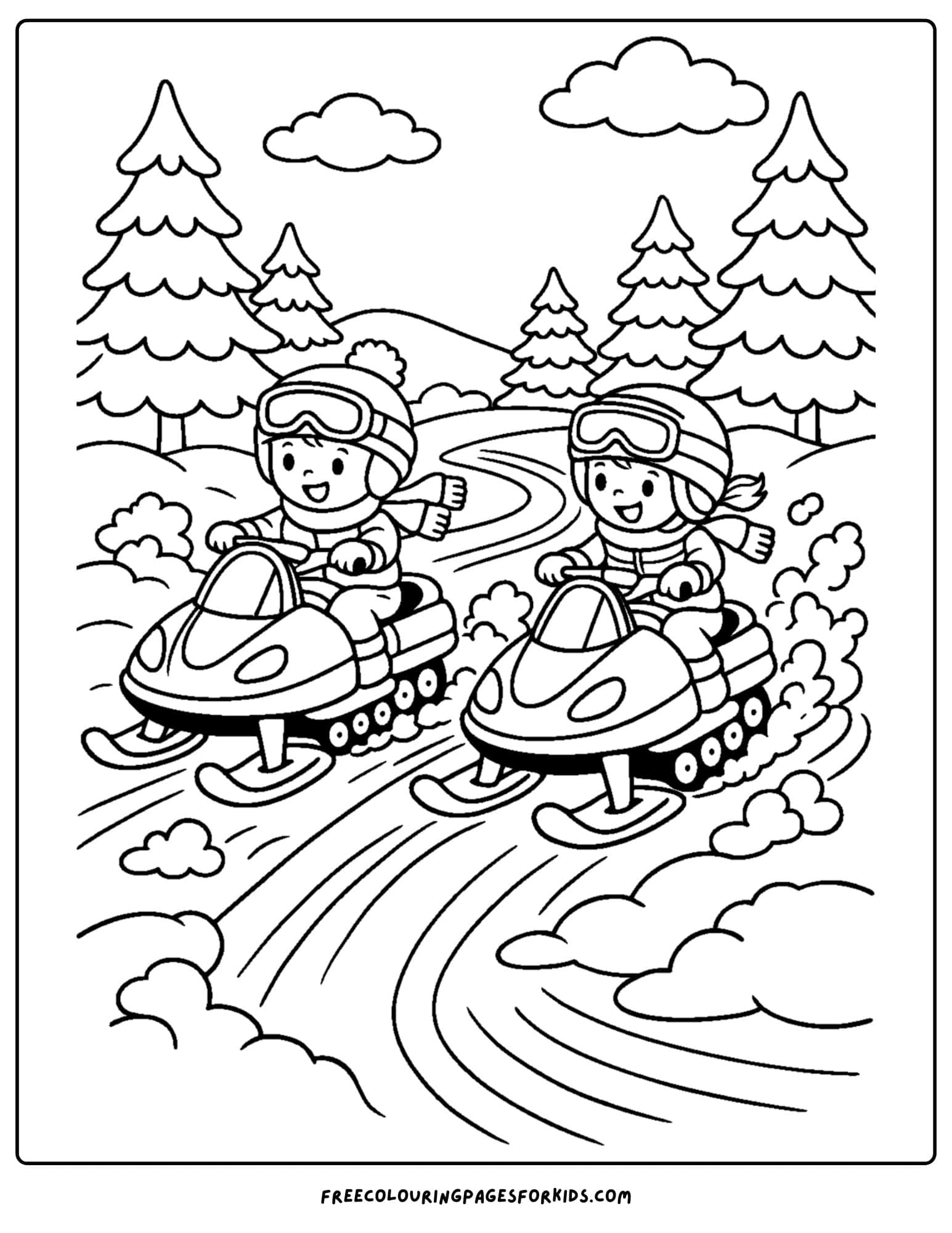 a snowmobile coloring page of two friends riding in the snow together