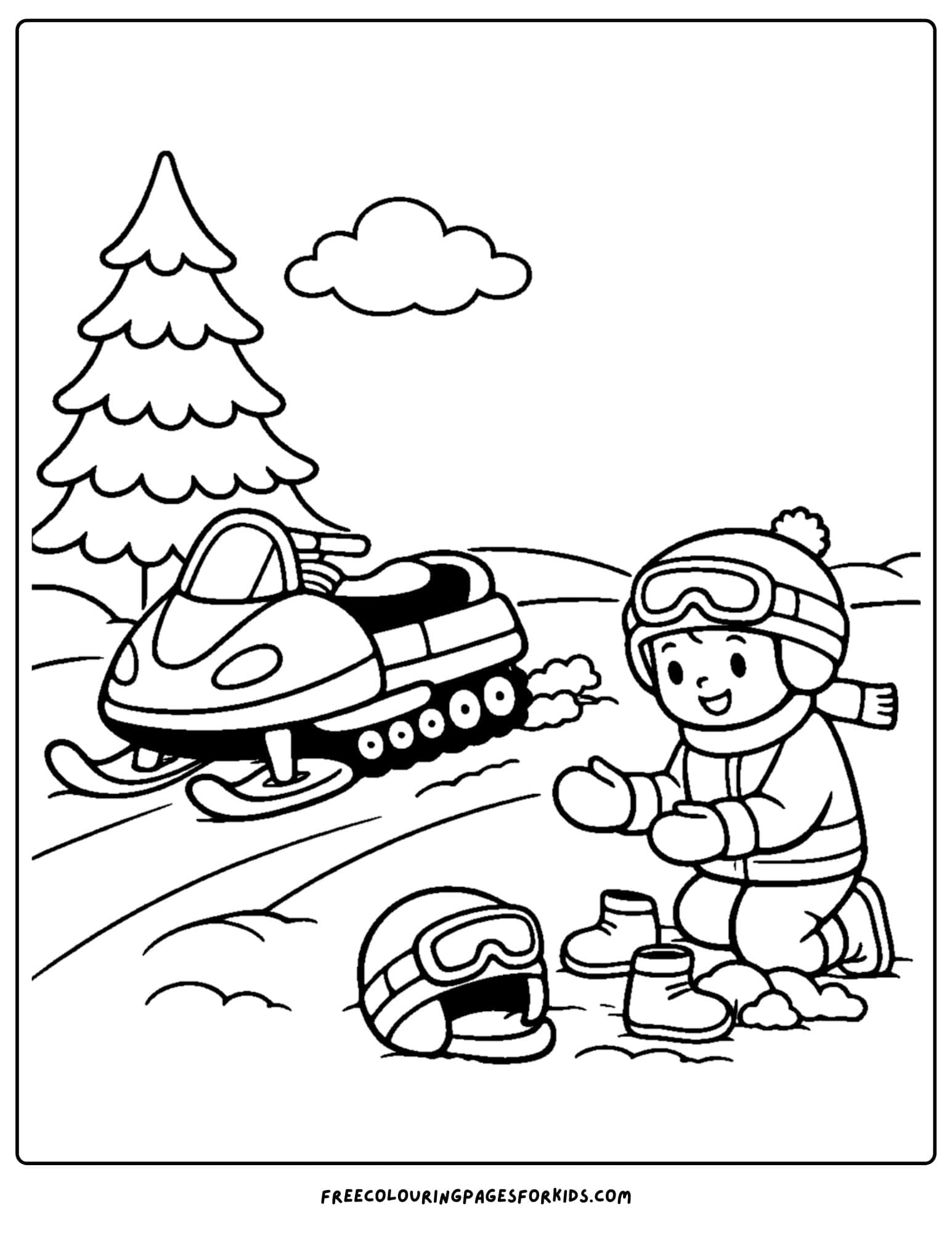 a snowmobile coloring page of kid stopping to check their gear