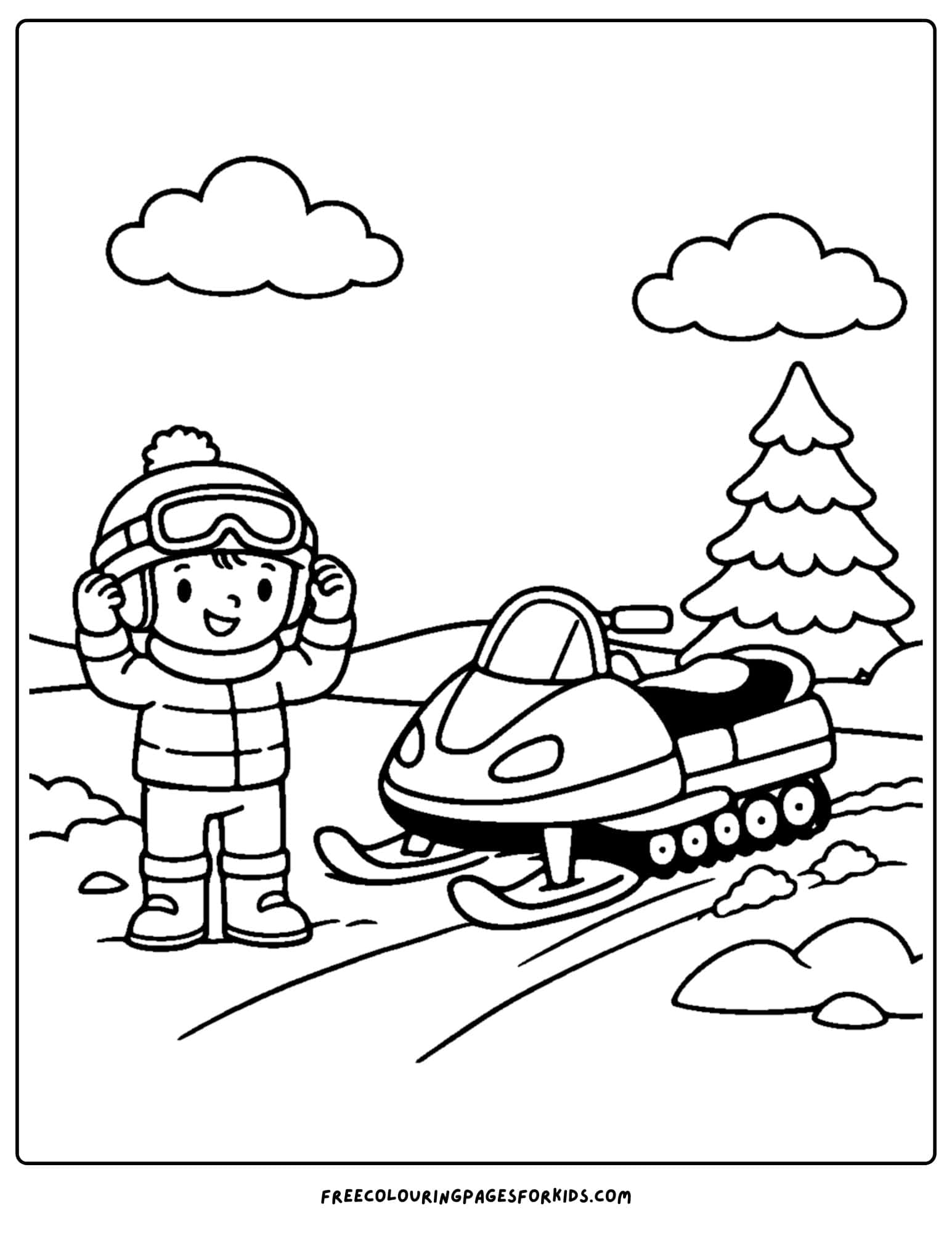 a snowmobile coloring page of child checking their helmet next to the snowmobile