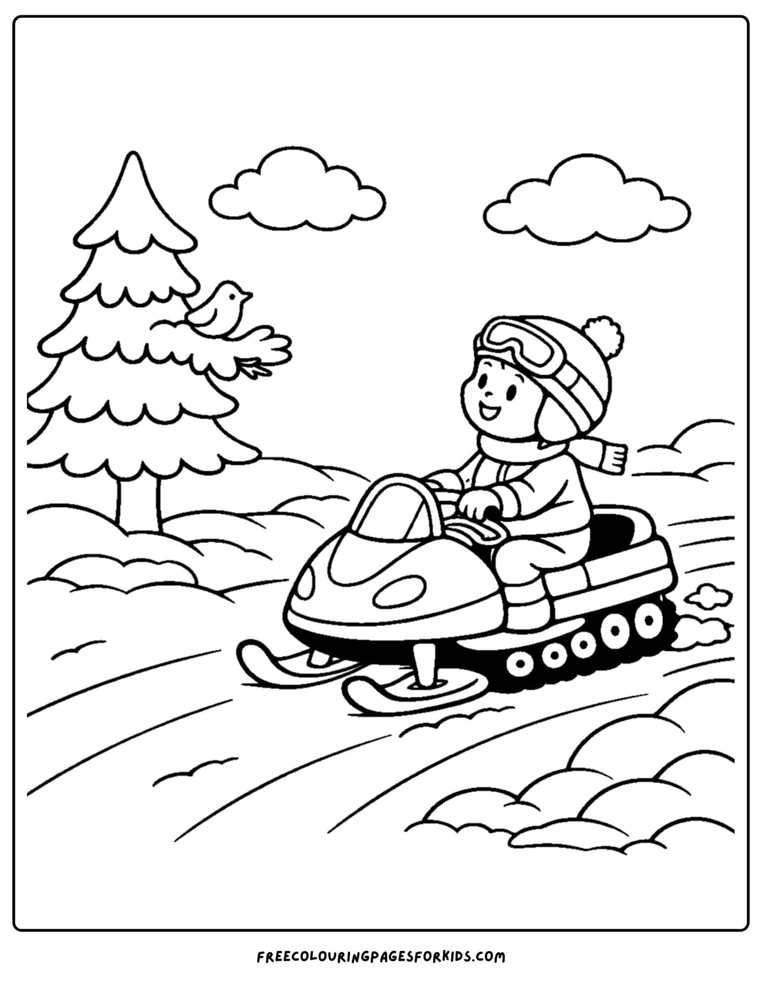 a snowmobile coloring page of kid stopping to watch a bird