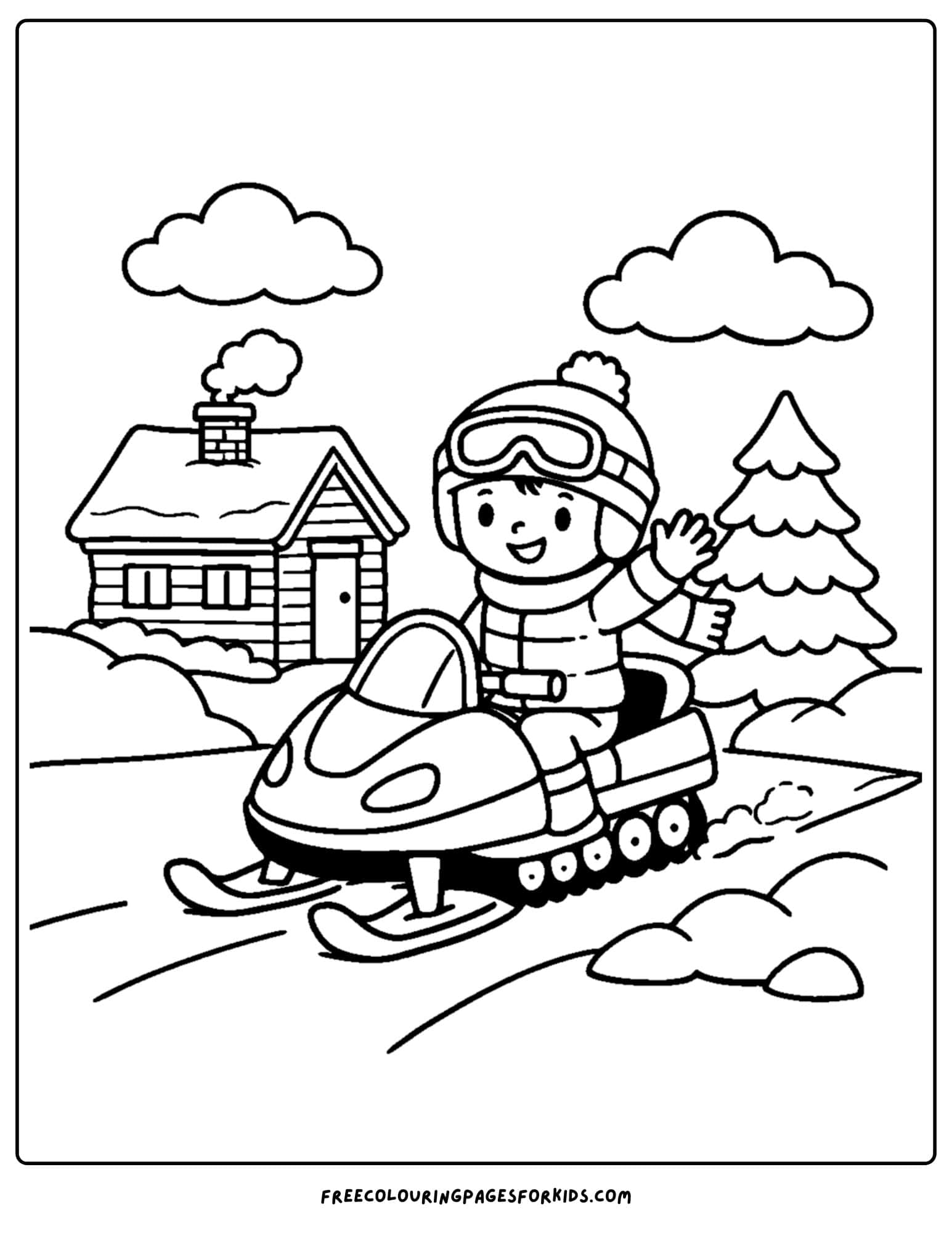 a snowmobile coloring page of child parked near a log cabin