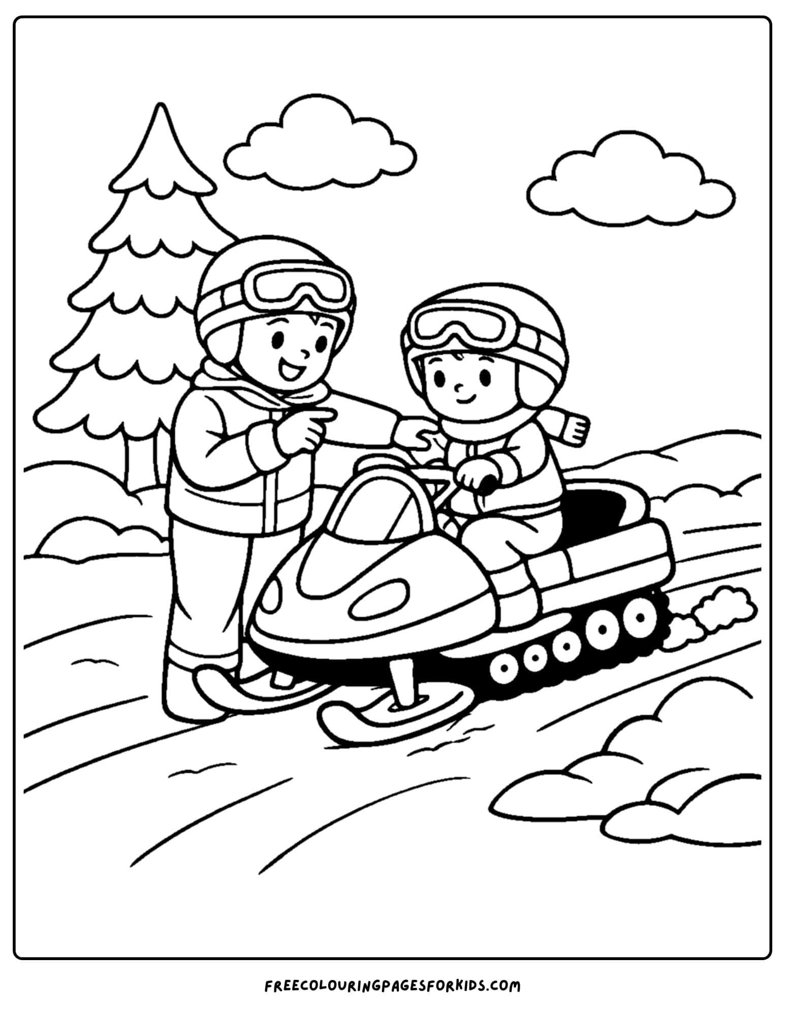 a snowmobile coloring page of an adult teaching their child about the snowmobile