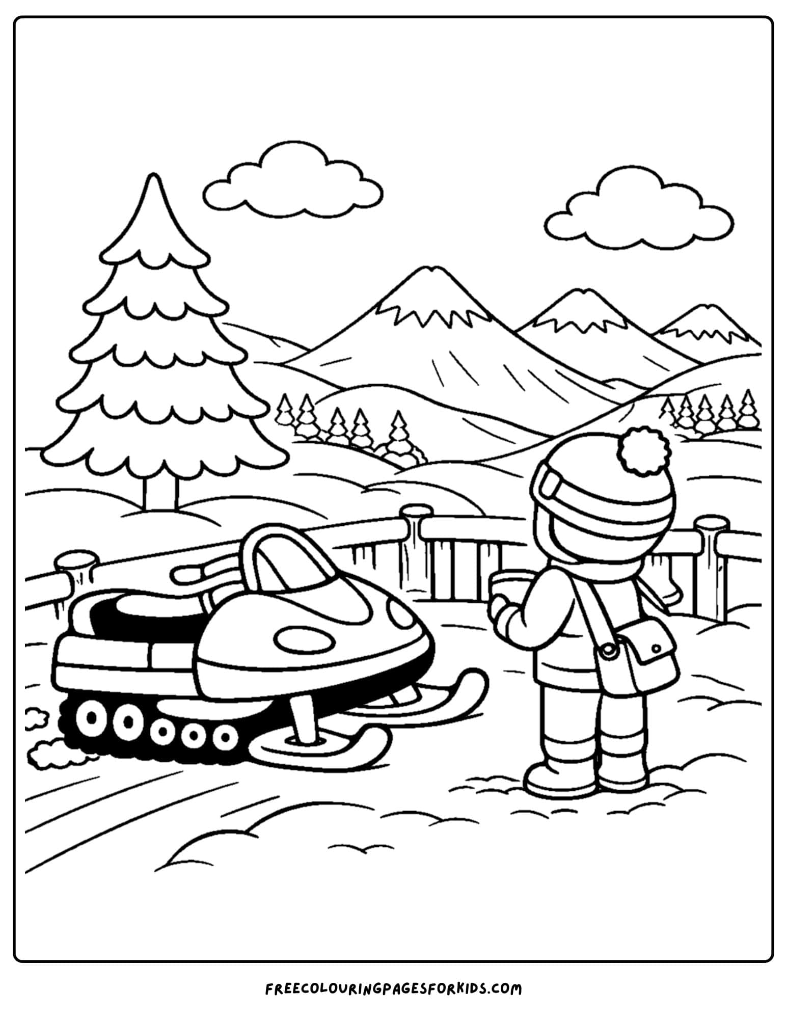 a snowmobile coloring page of child parked at a lookout with their snowmobile