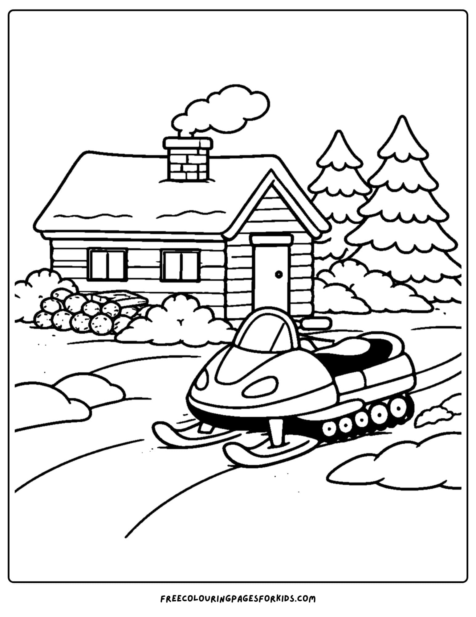 a snowmobile coloring page showing the snowmobile parked outside a cabon