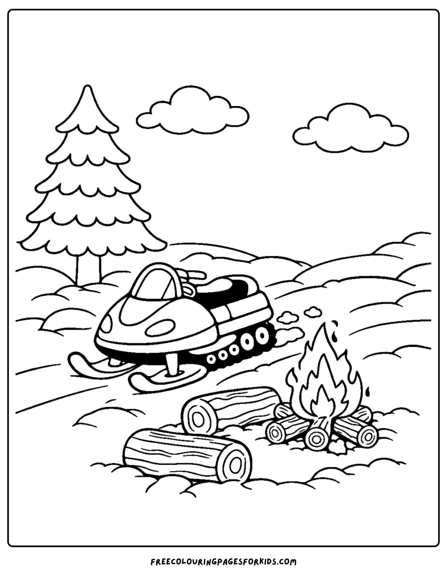 a snowmobile coloring page of a snowmobile parked next to a campfire in the snow