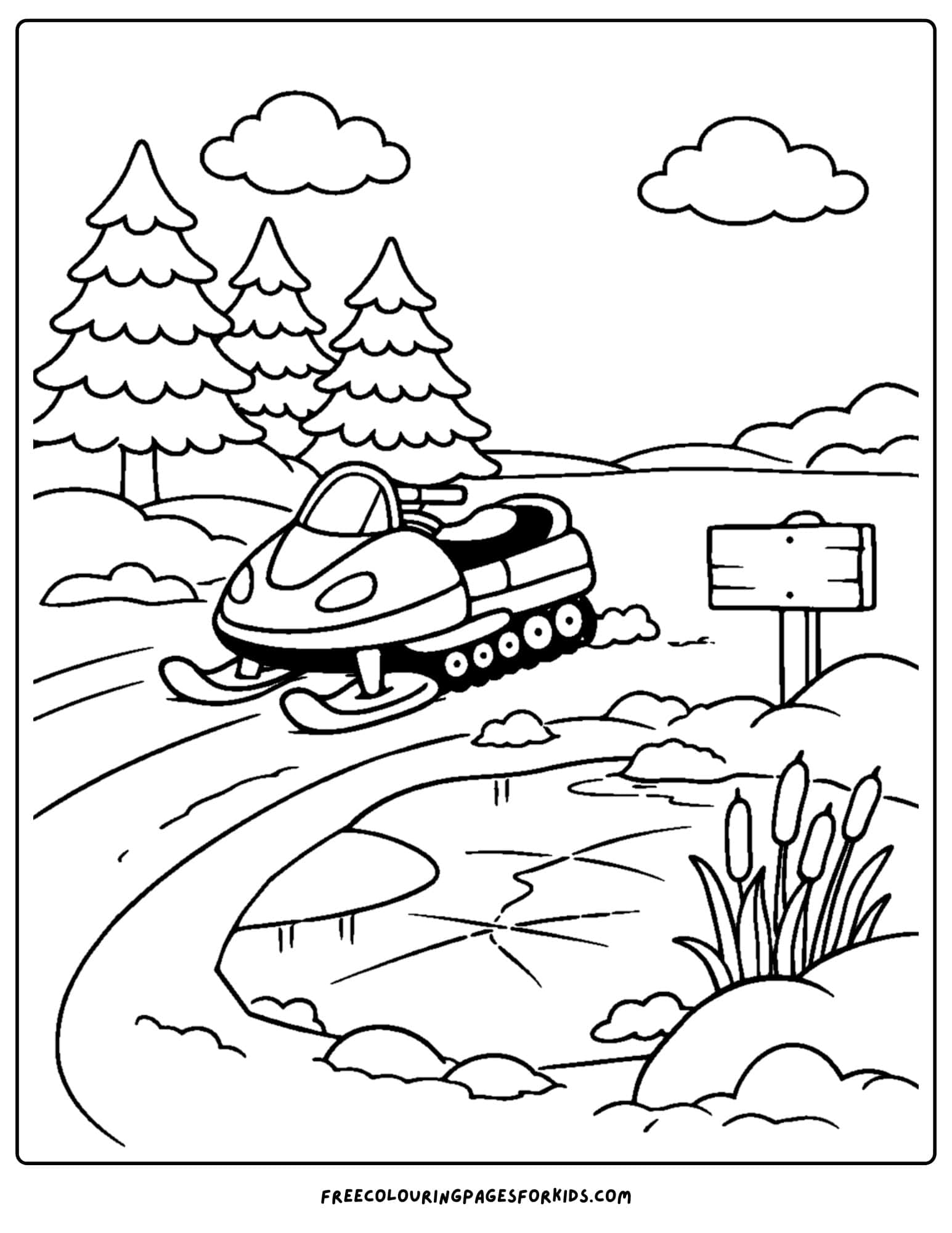 a snowmobile coloring page of a snowmobile parked in the snow