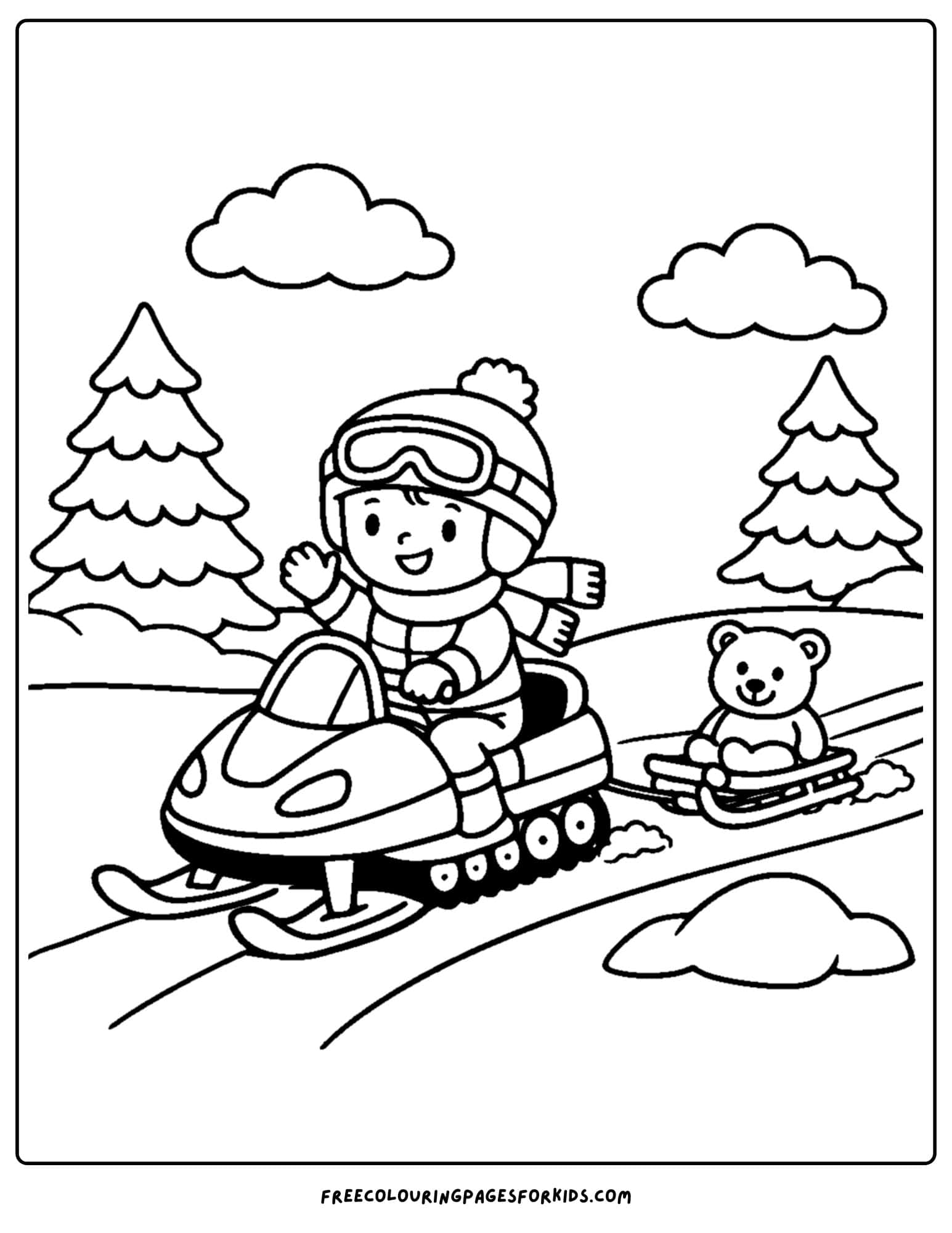 a snowmobile coloring page of child pulling their teddy on a sled behind the snowmobile