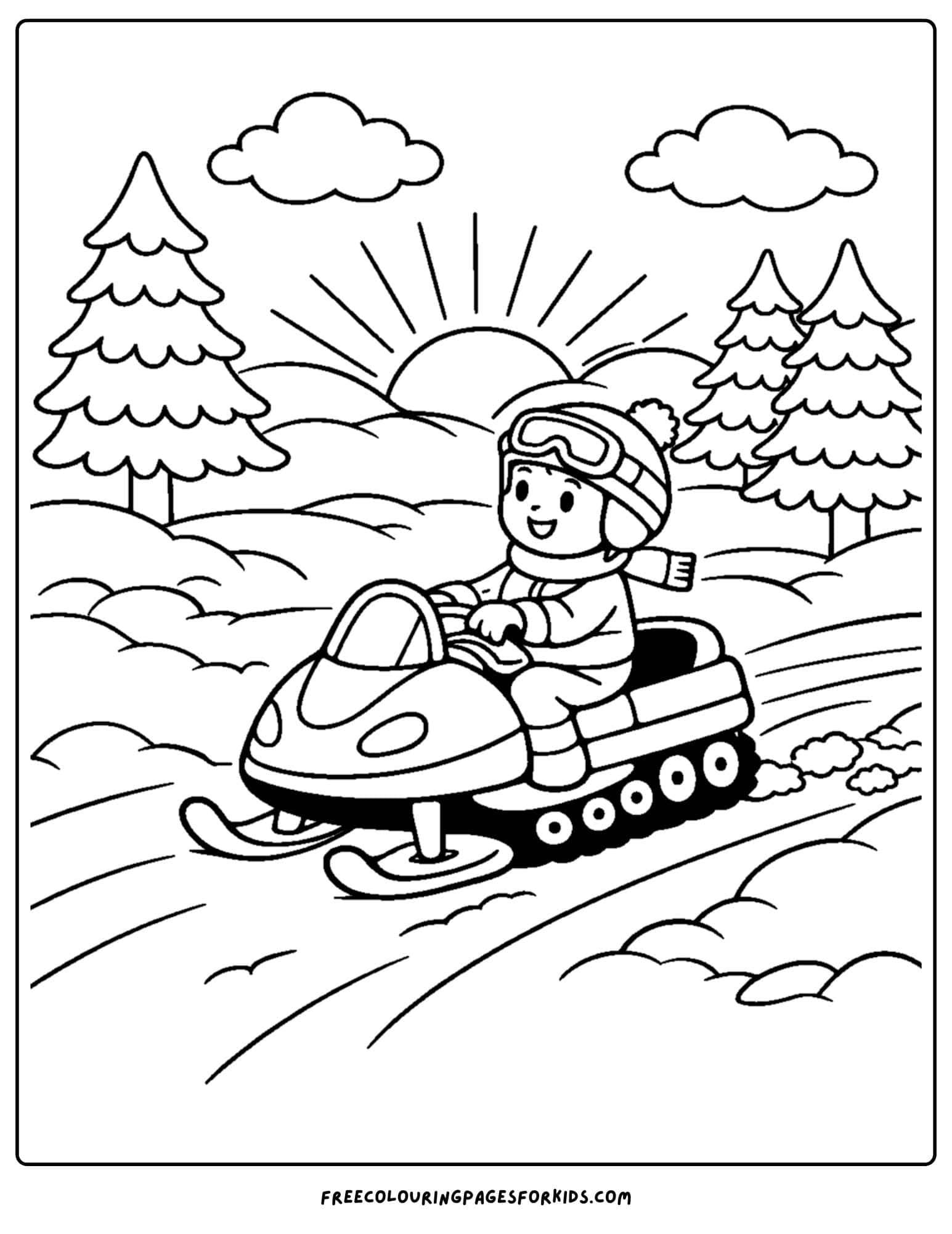 a snowmobile coloring page of child riding their snowmobile at sunrise