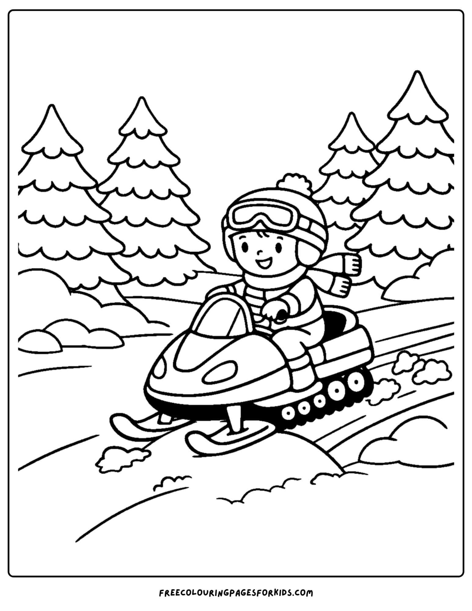 a snowmobile coloring page of child riding in a snowy forest