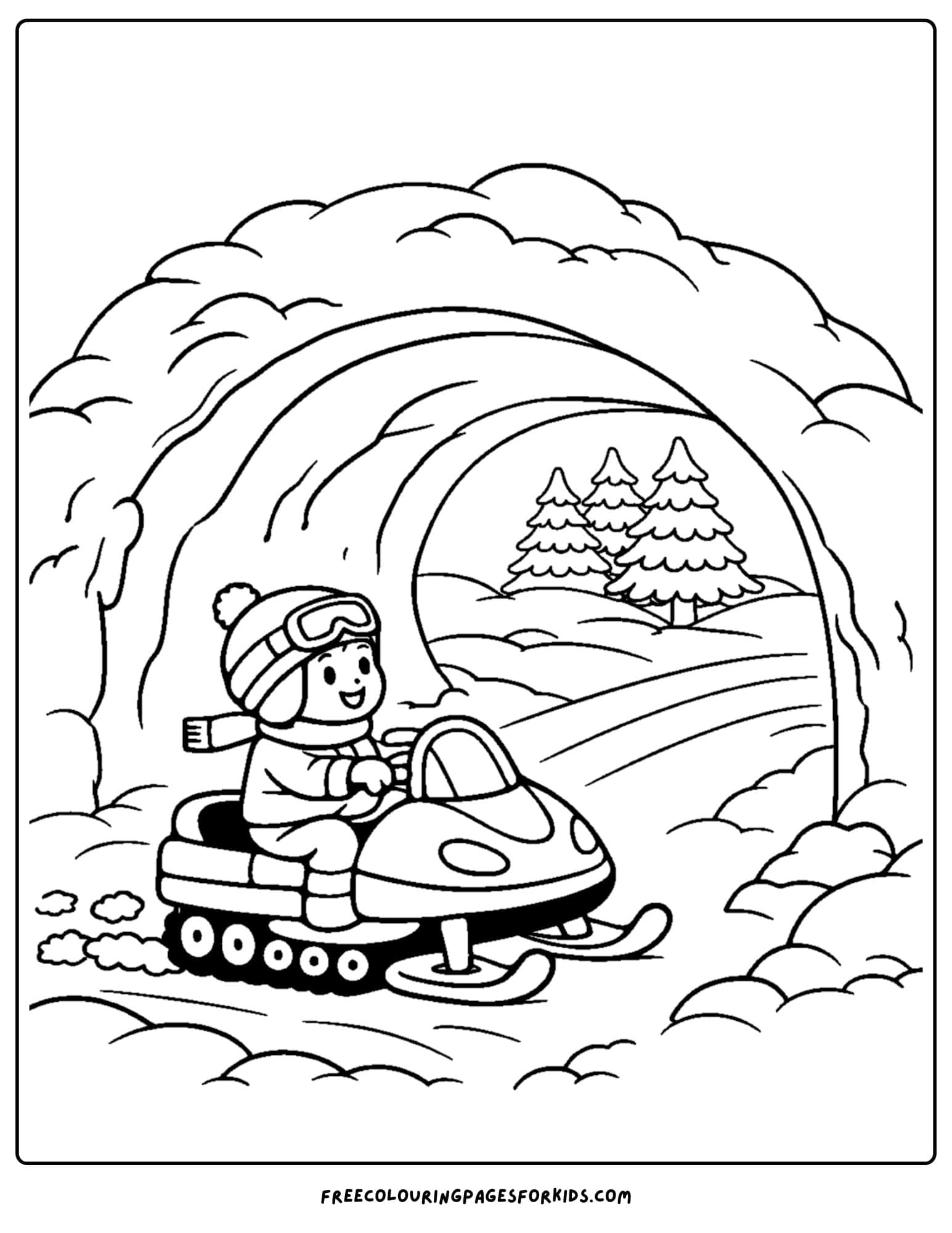 a snowmobile coloring page of child riding through a tunnel of snow