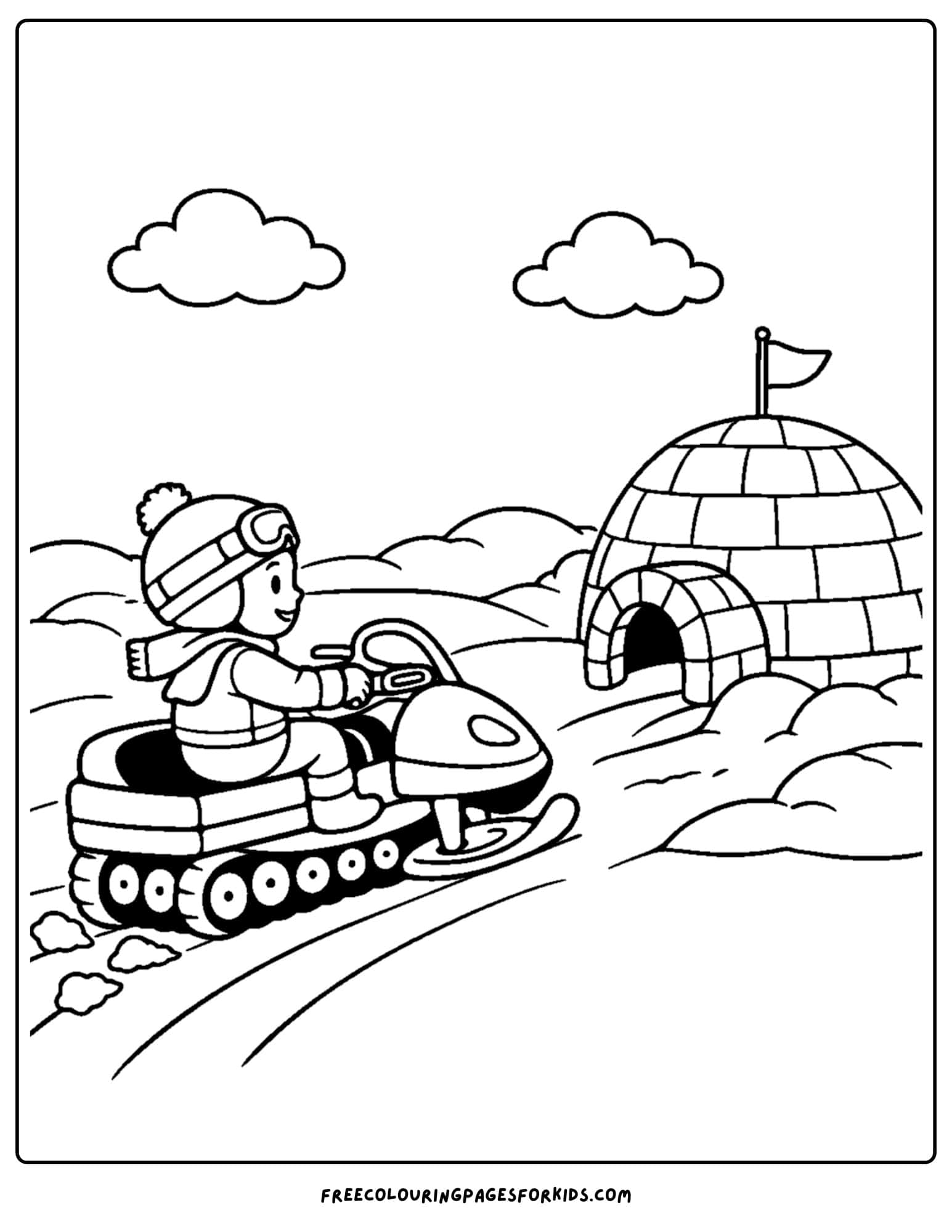 a snowmobile coloring page of child riding up to an igloo