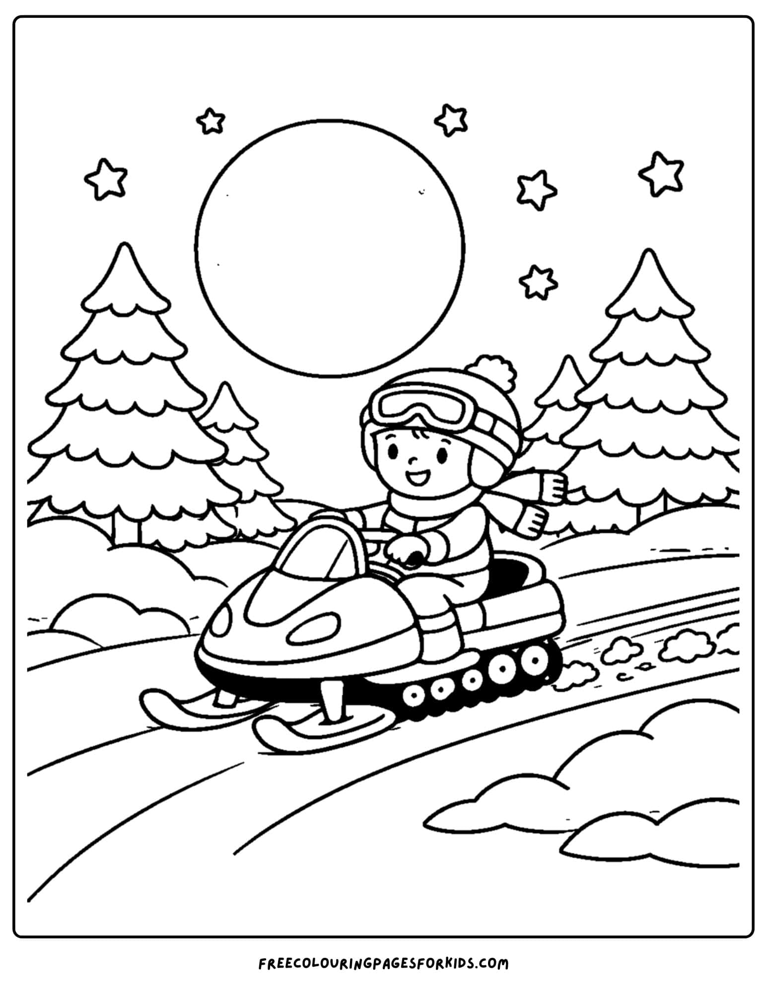 a snowmobile coloring page of child riding under the moon