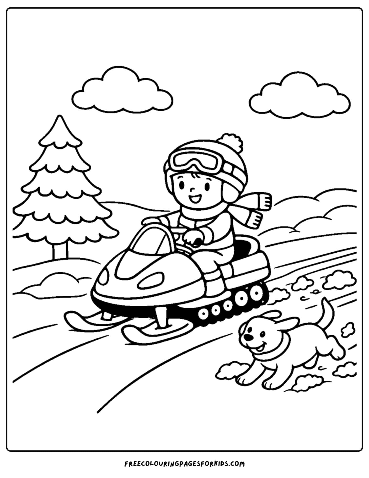 a snowmobile coloring page of child riding along side their dog