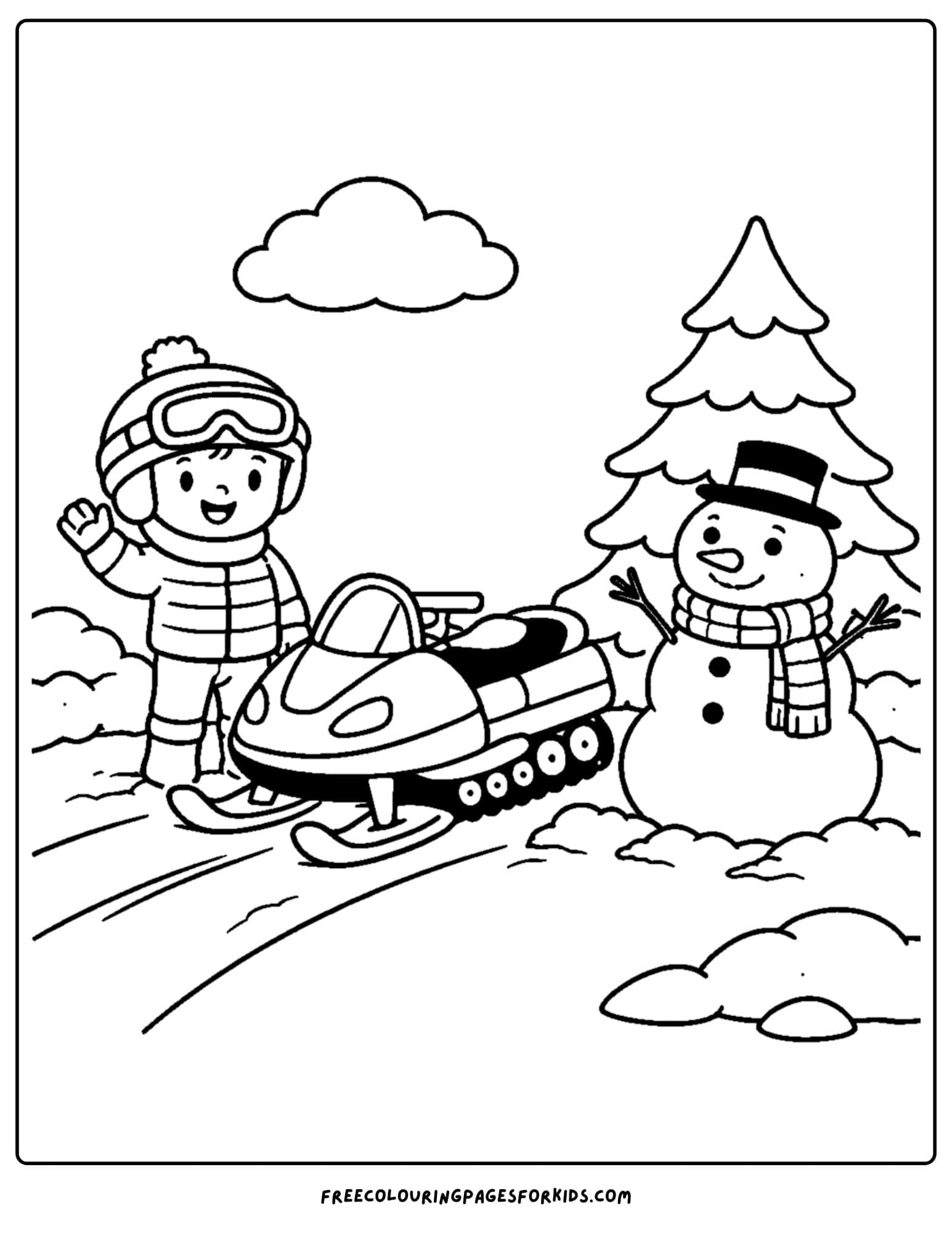 a snowmobile coloring page of kid stopped next to a snow man