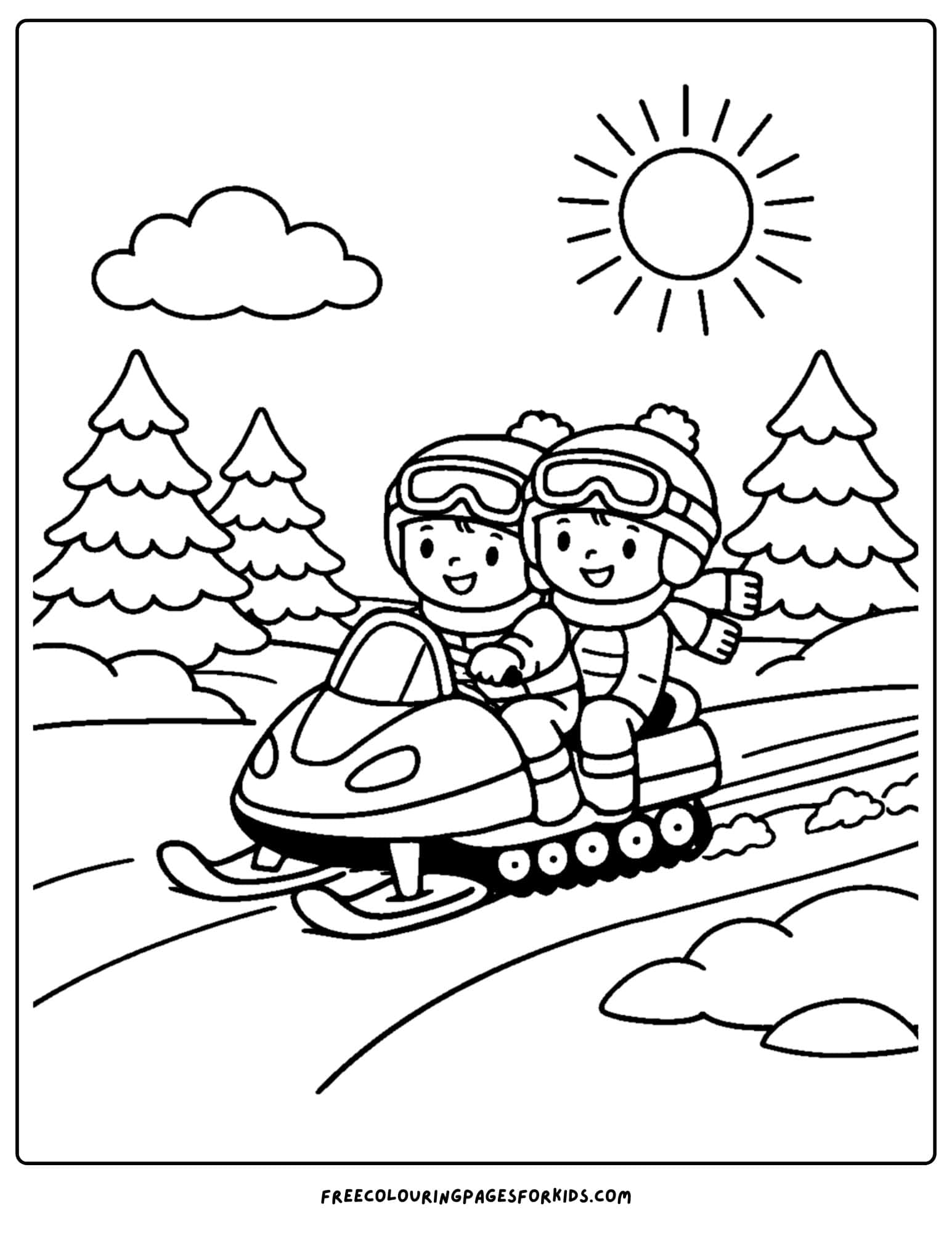 a snowmobile coloring page of two kids riding in the snow