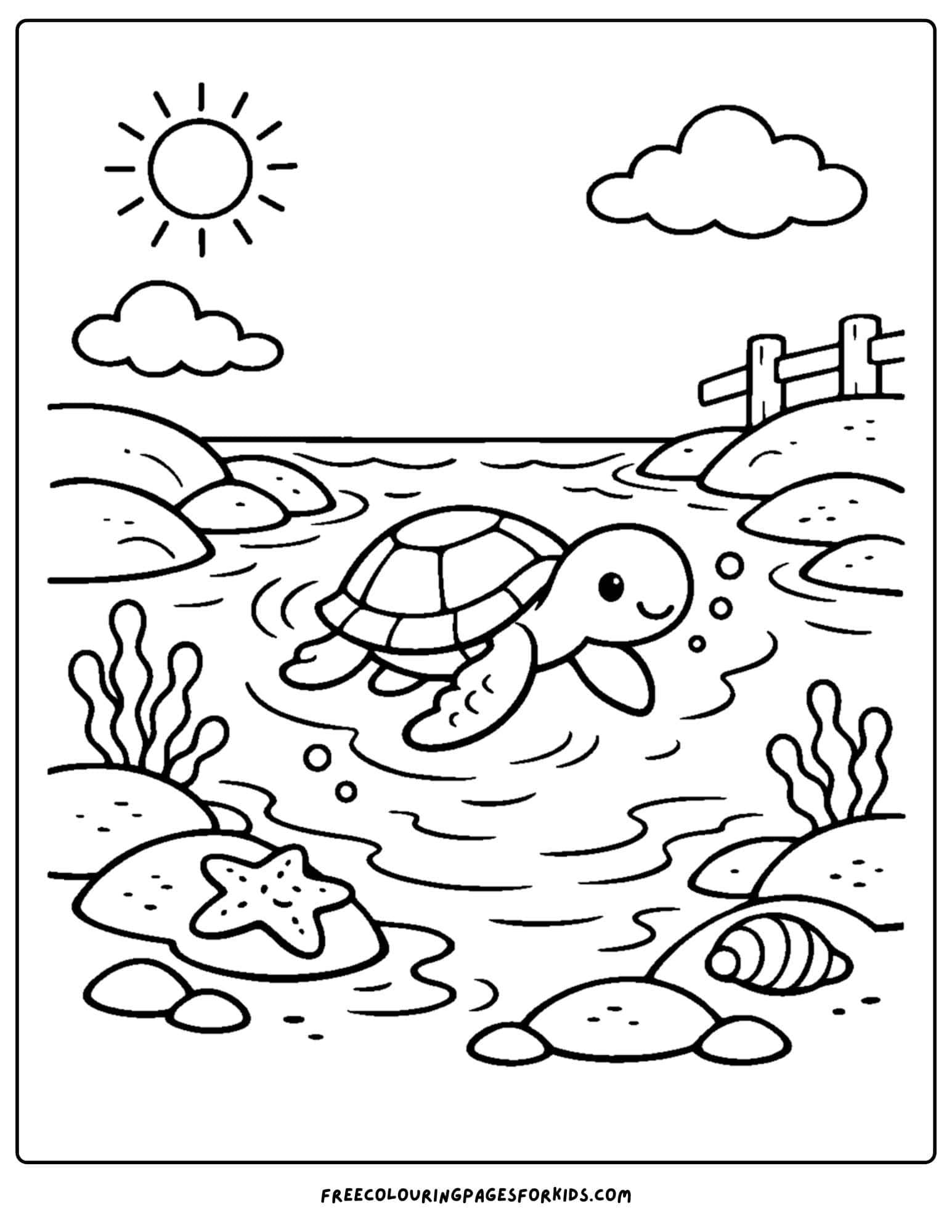 a tide pool coloring page showing a turtle swimming in the water