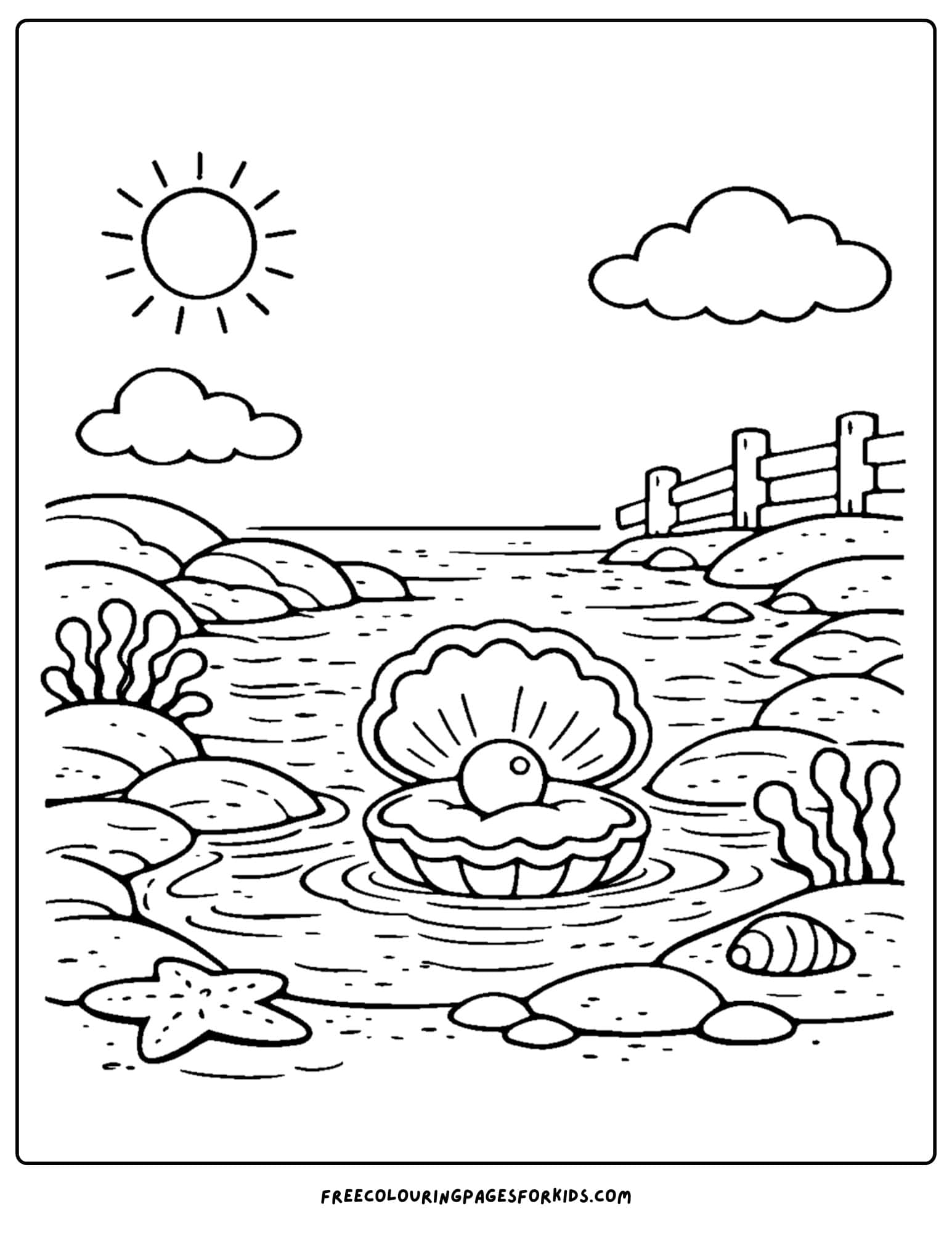 a tide pool coloring page showing a clam showing a pearl