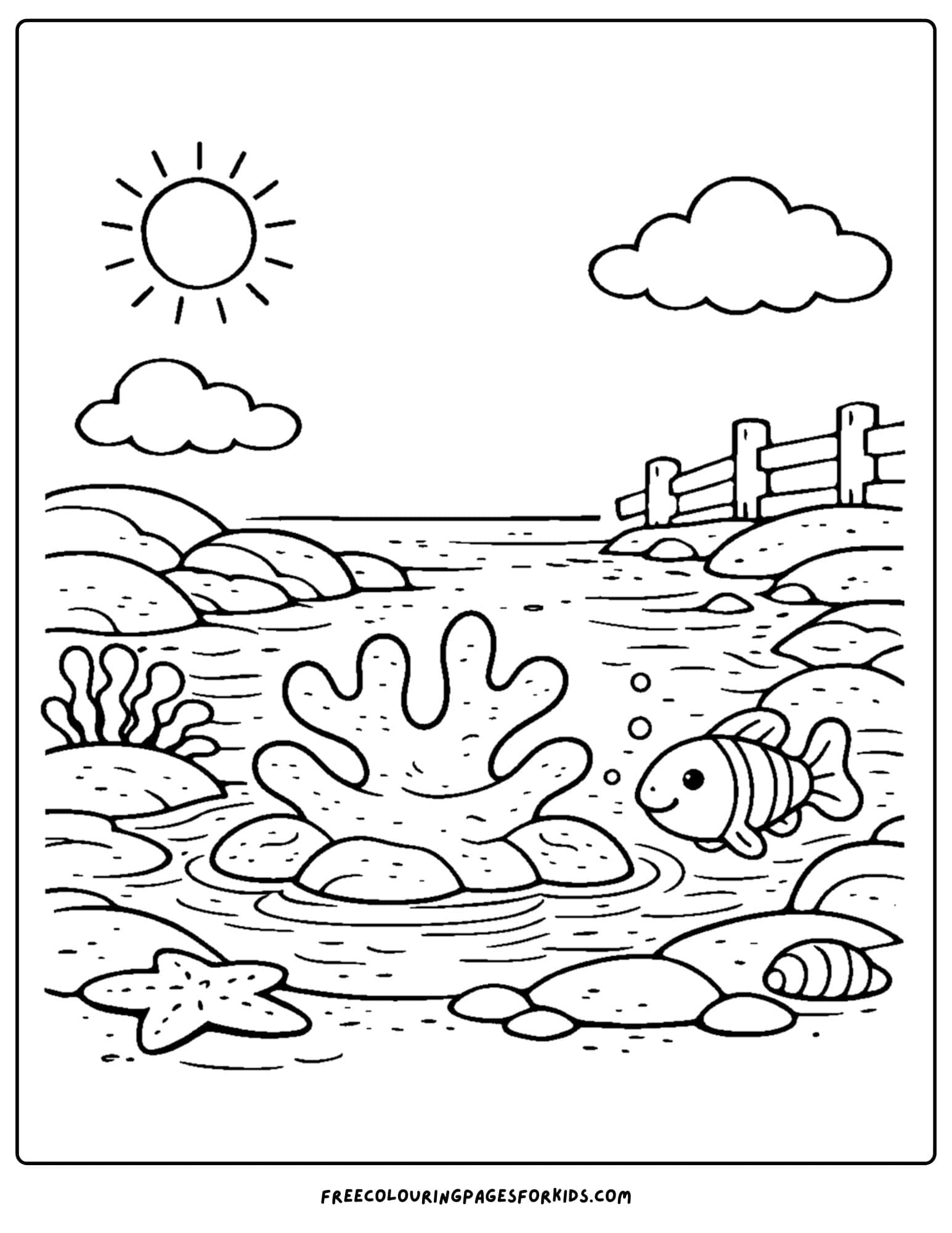 a tide pool coloring page showing a coral rock and fish in the water