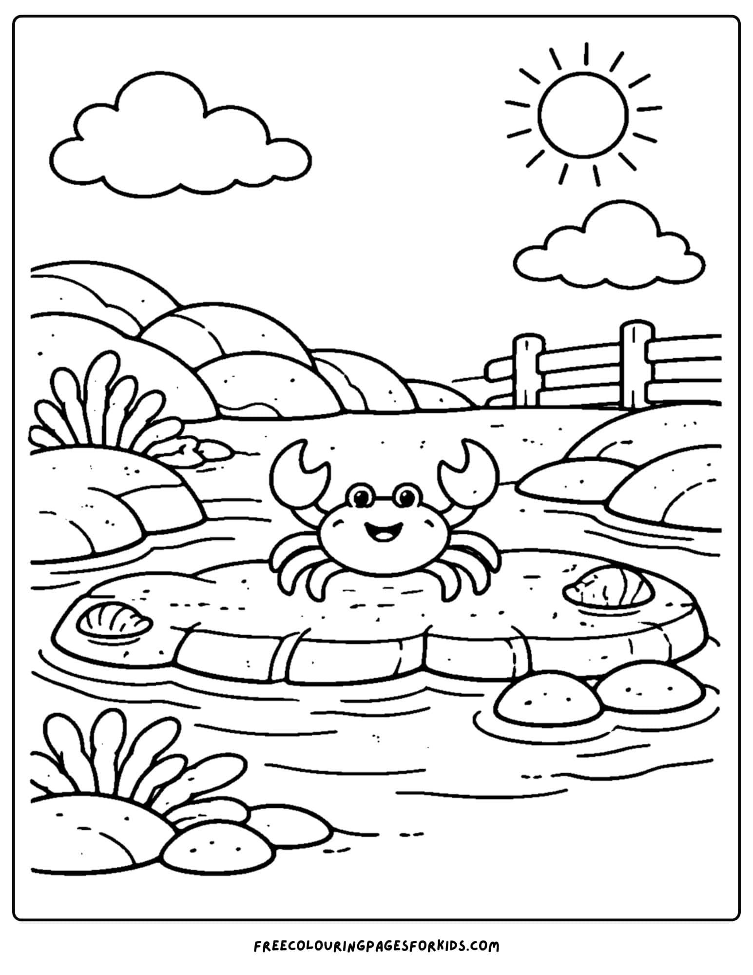 a tide pool coloring page showing a crab on a rock around the water