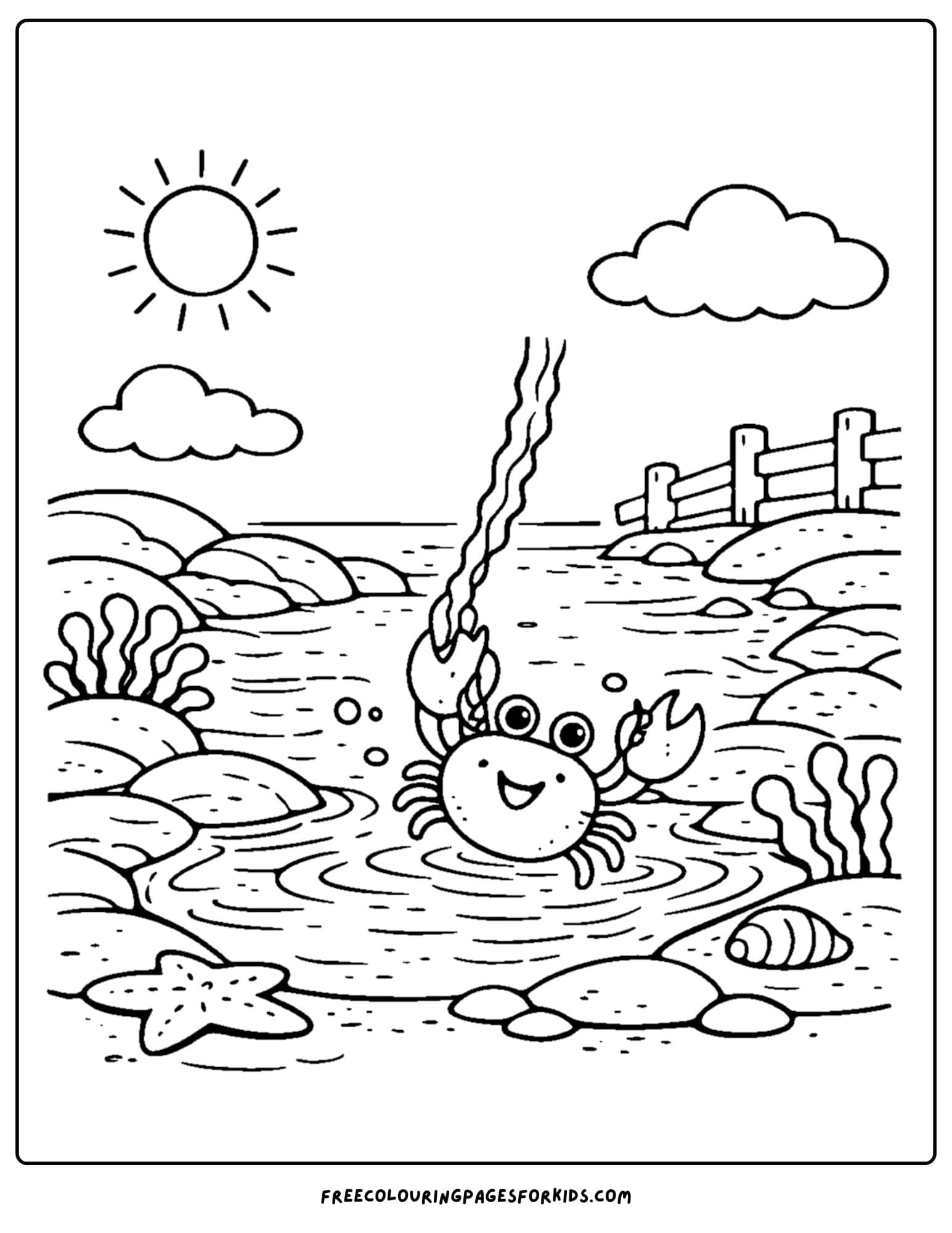 a tide pool coloring page showing a crab waving seaweed around