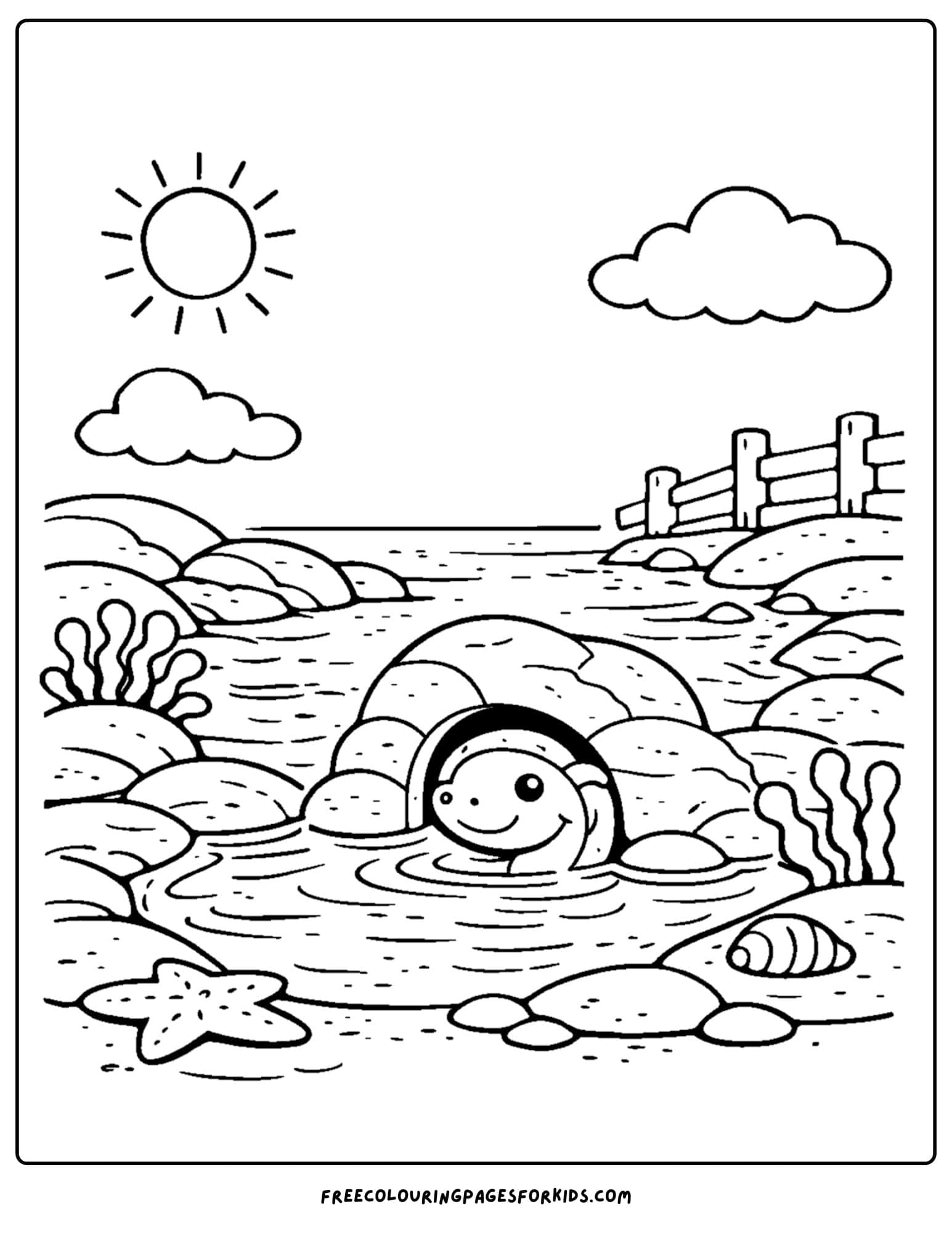 a tide pool coloring page showing a tide pool with an eel peeking out