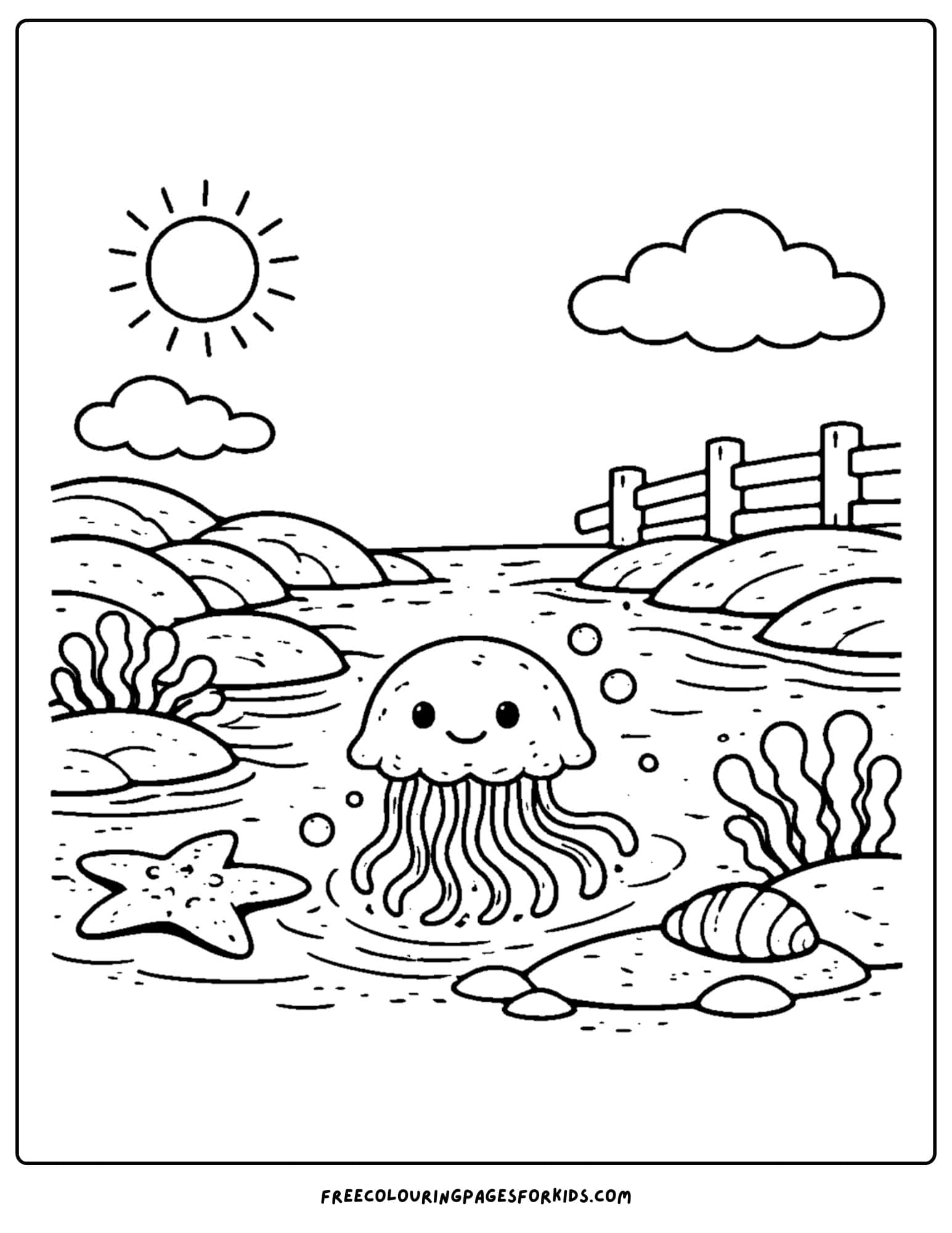 a tide pool coloring page showing a jellyfish in the water