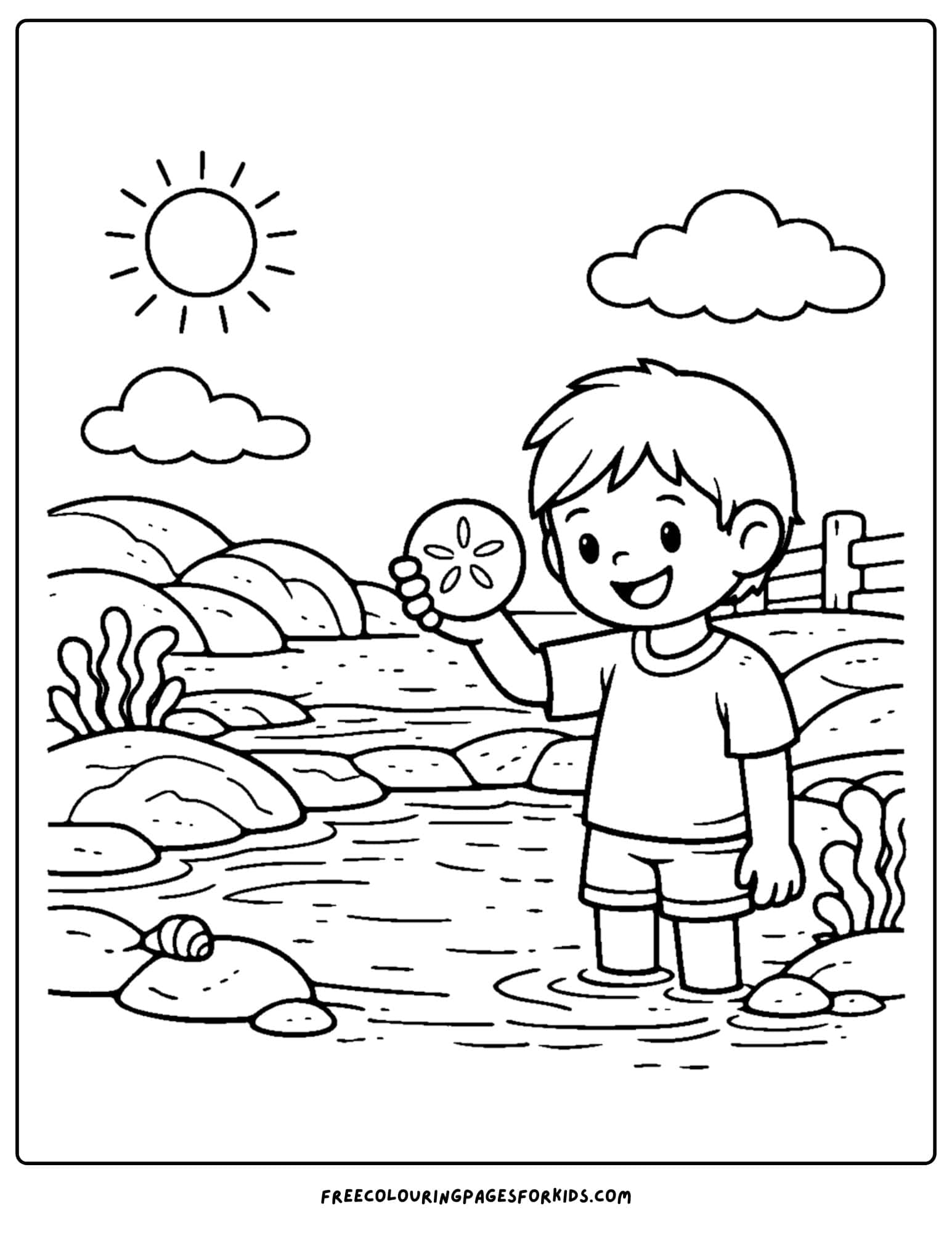 a tide pool coloring page showing a kid holding a sand dollar