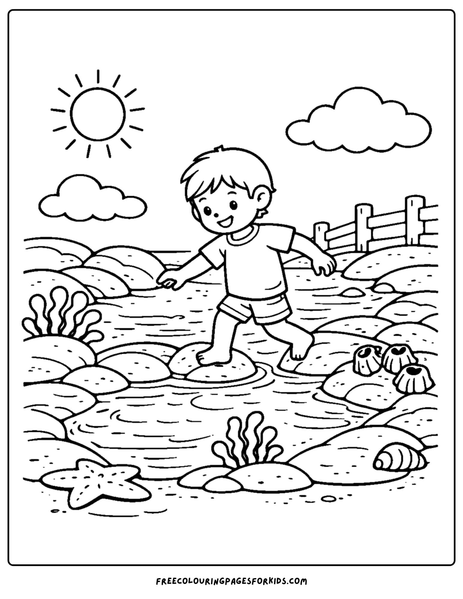 a tide pool coloring page showing a kid hopping over rocks at the water