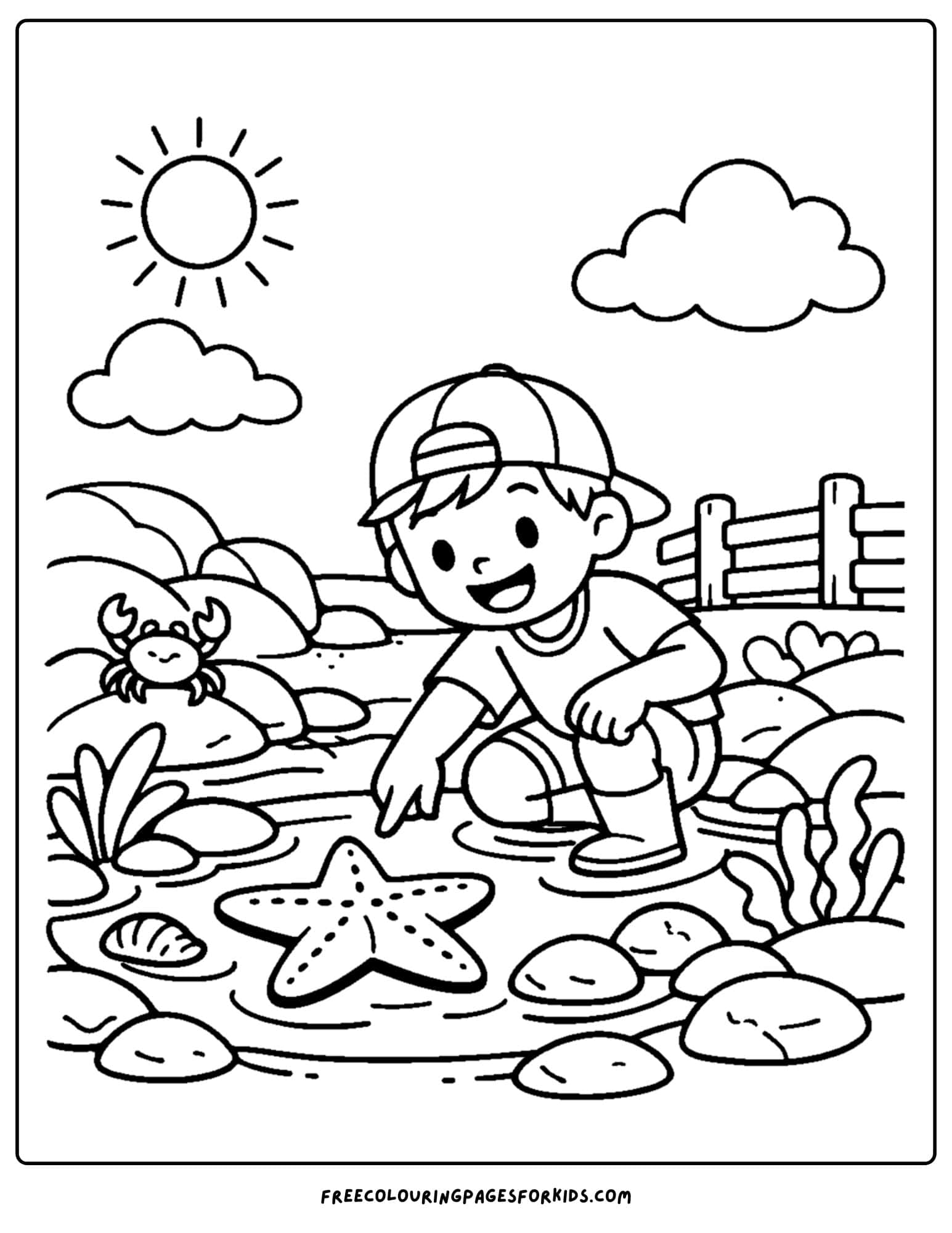 a tide pool coloring page showing a kid pointing at a starfish