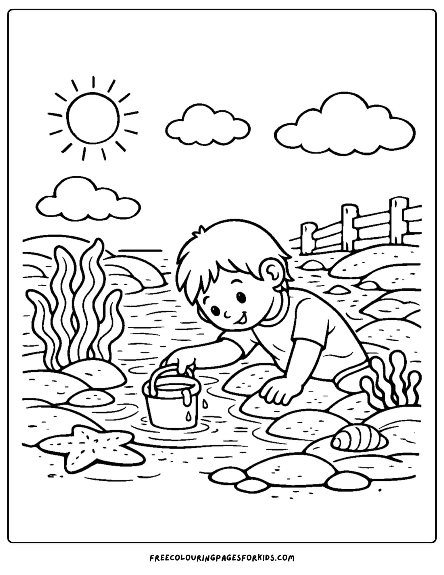 a tide pool coloring page showing a kid scooping water in a bucket