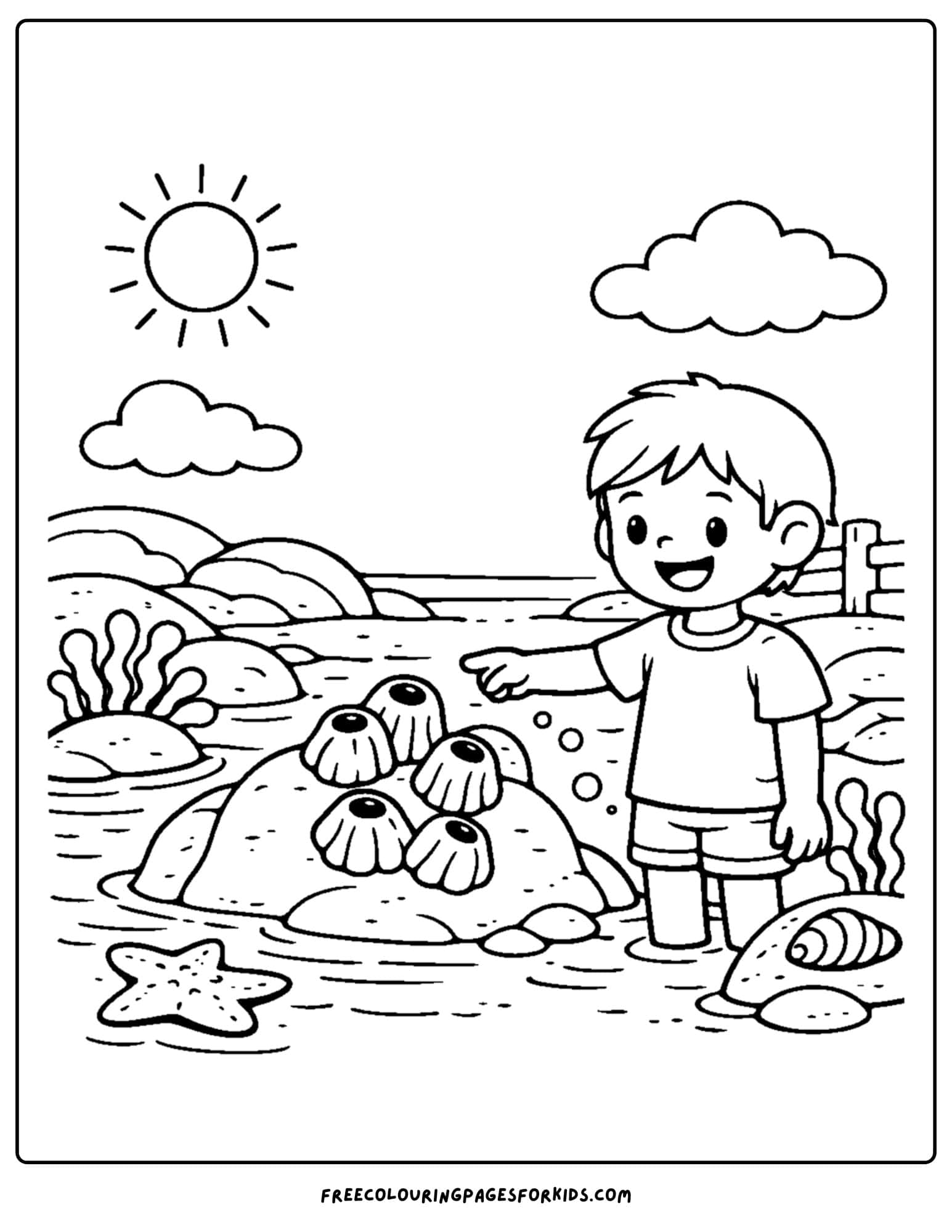 a tide pool coloring page showing a kid pointing at some barnacles