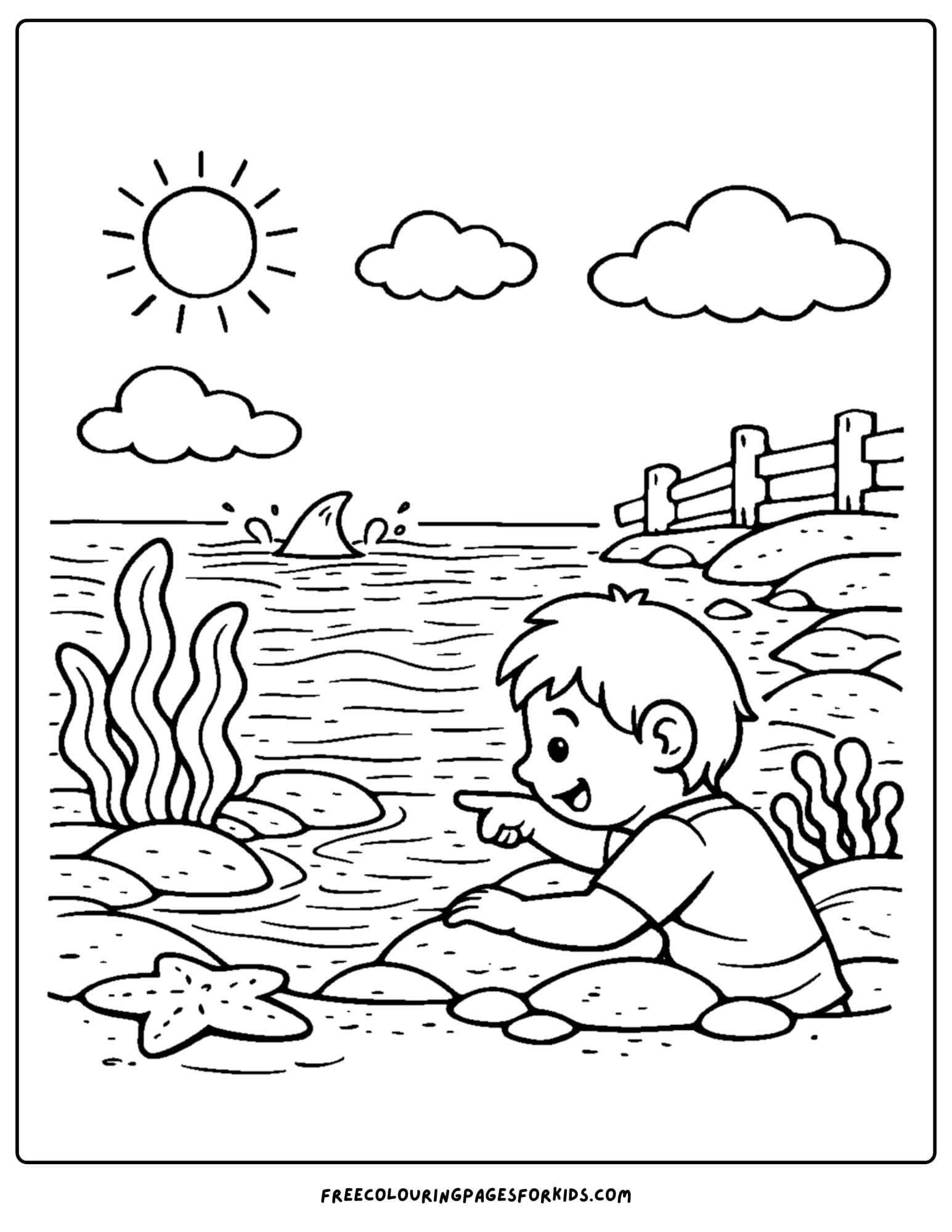 a tide pool coloring page showing a kid spotting a dolphin in the distance