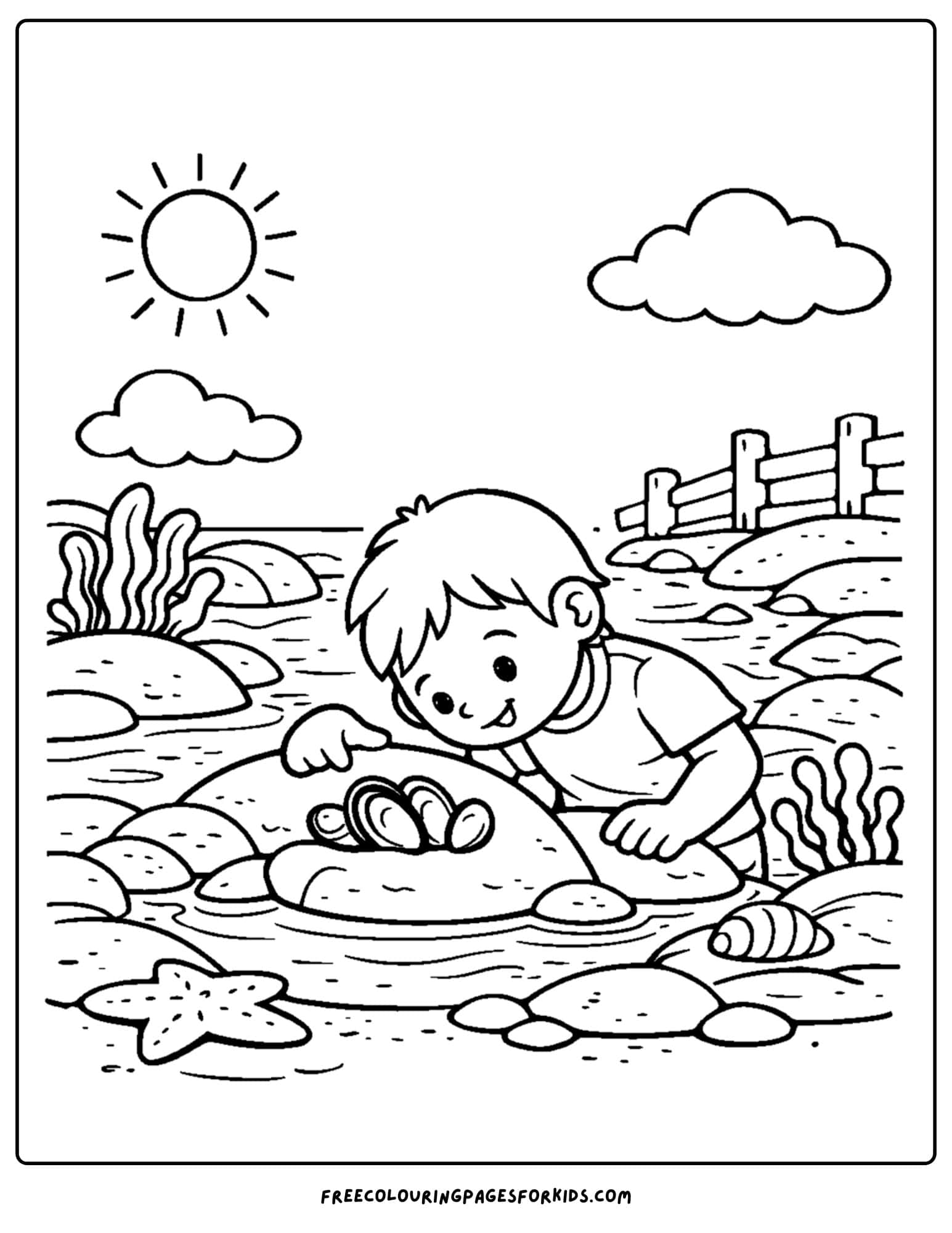 a tide pool coloring page showing a kid spotting some muscles