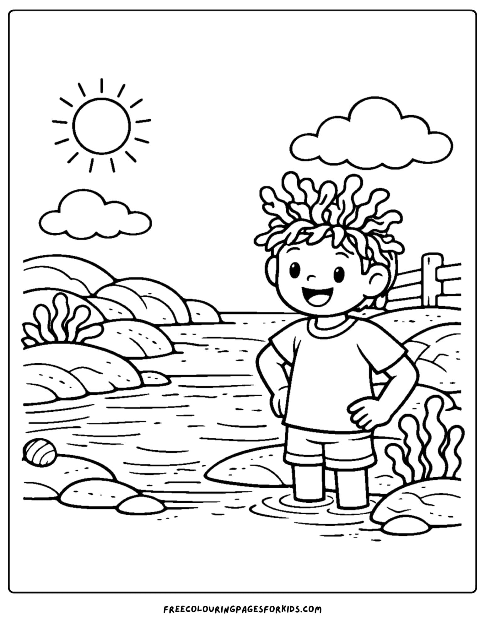 a tide pool coloring page showing a kid wearing seaweed on their head