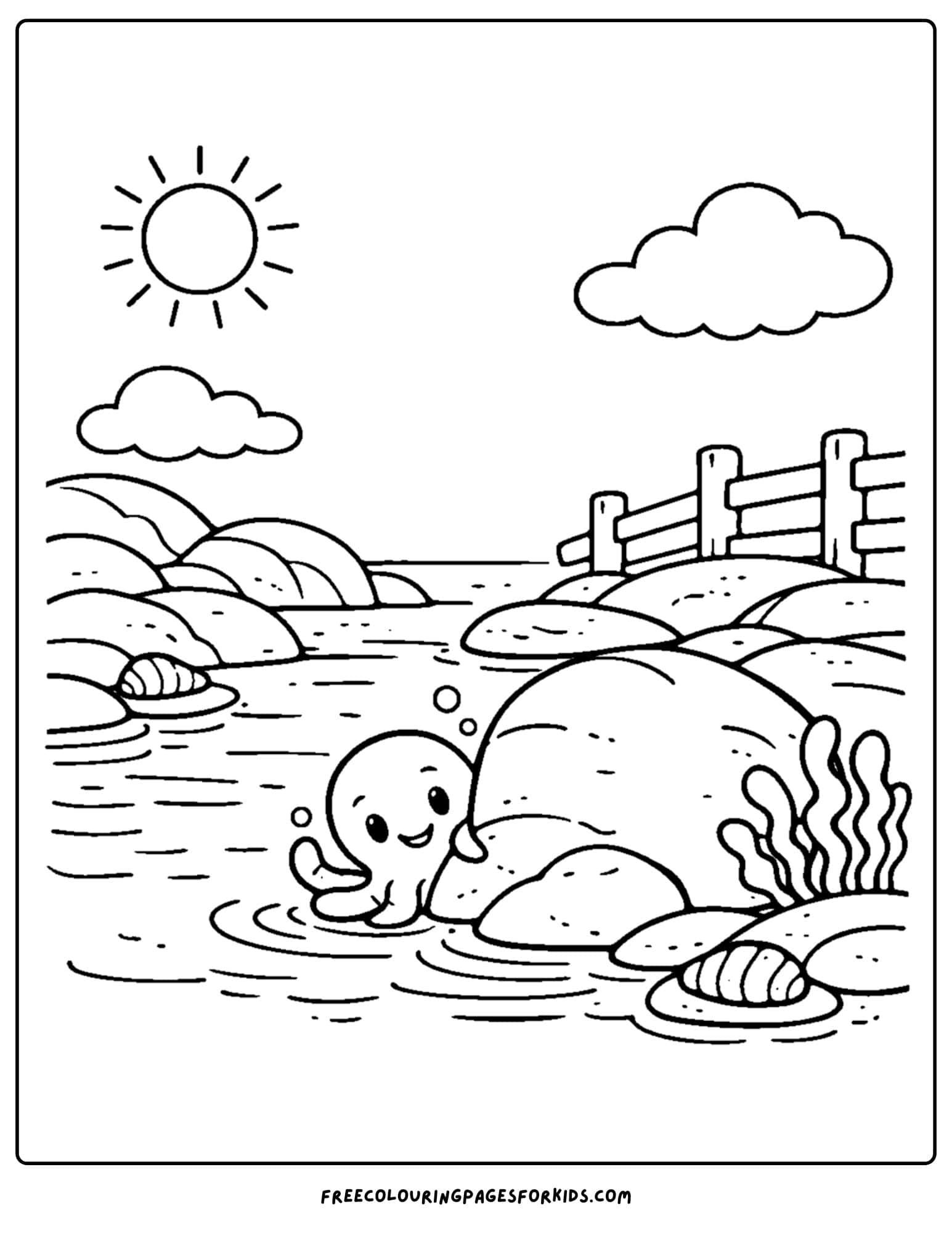 a tide pool coloring page showing an octopus peeking from beside a rock