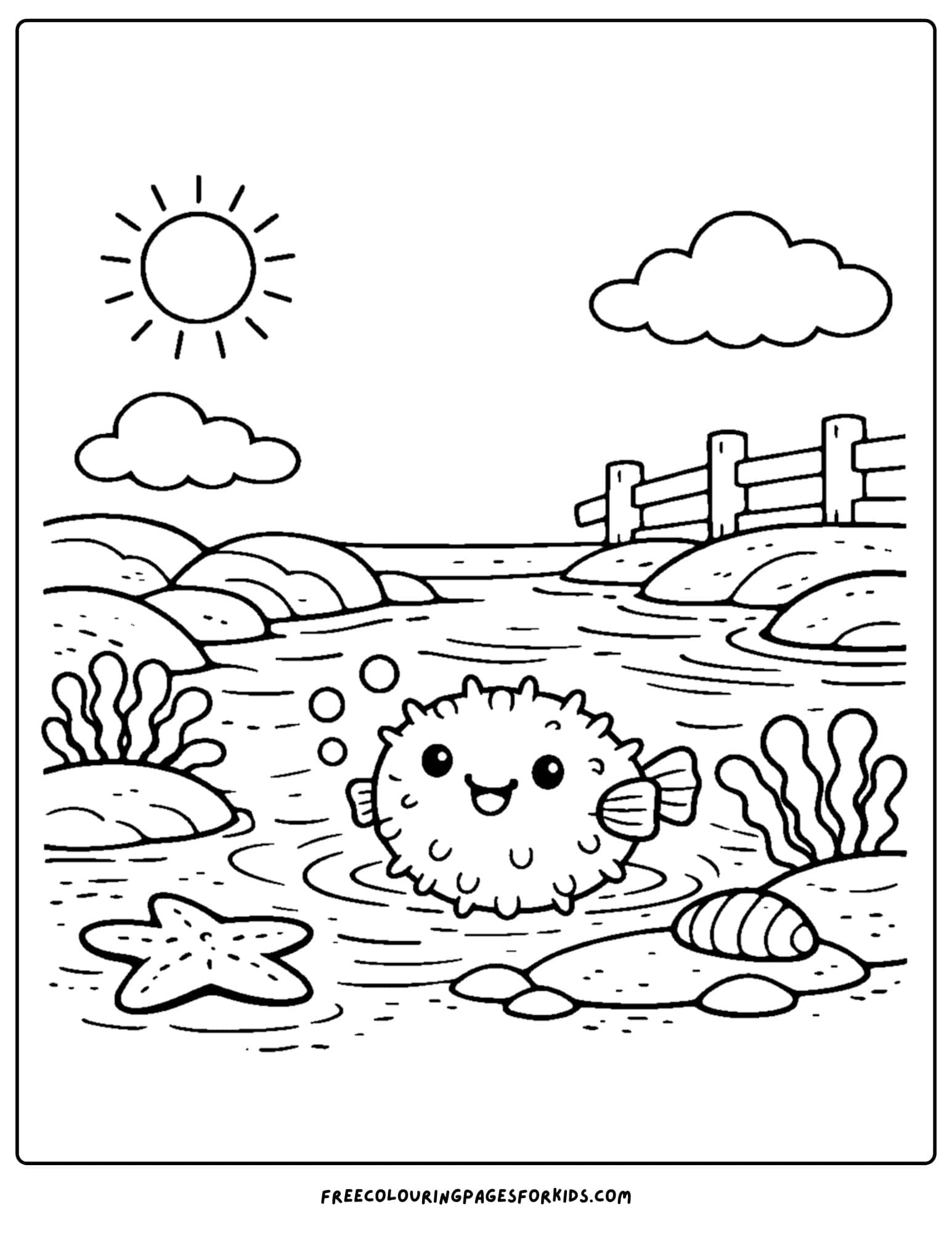 a tide pool coloring page showing a pufferfish smiling