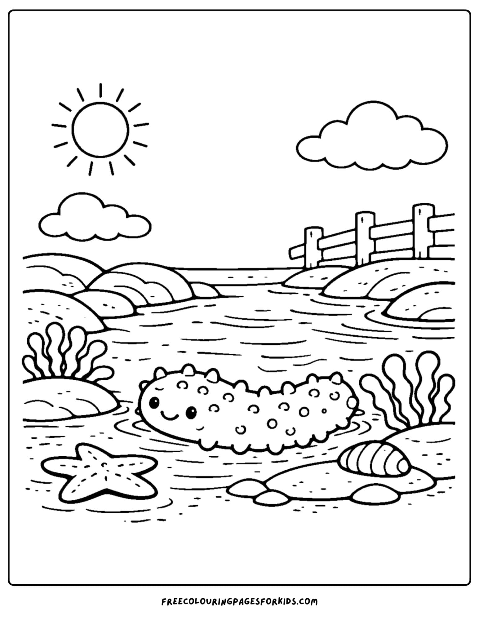 a tide pool coloring page showing a sea cucumber in the water