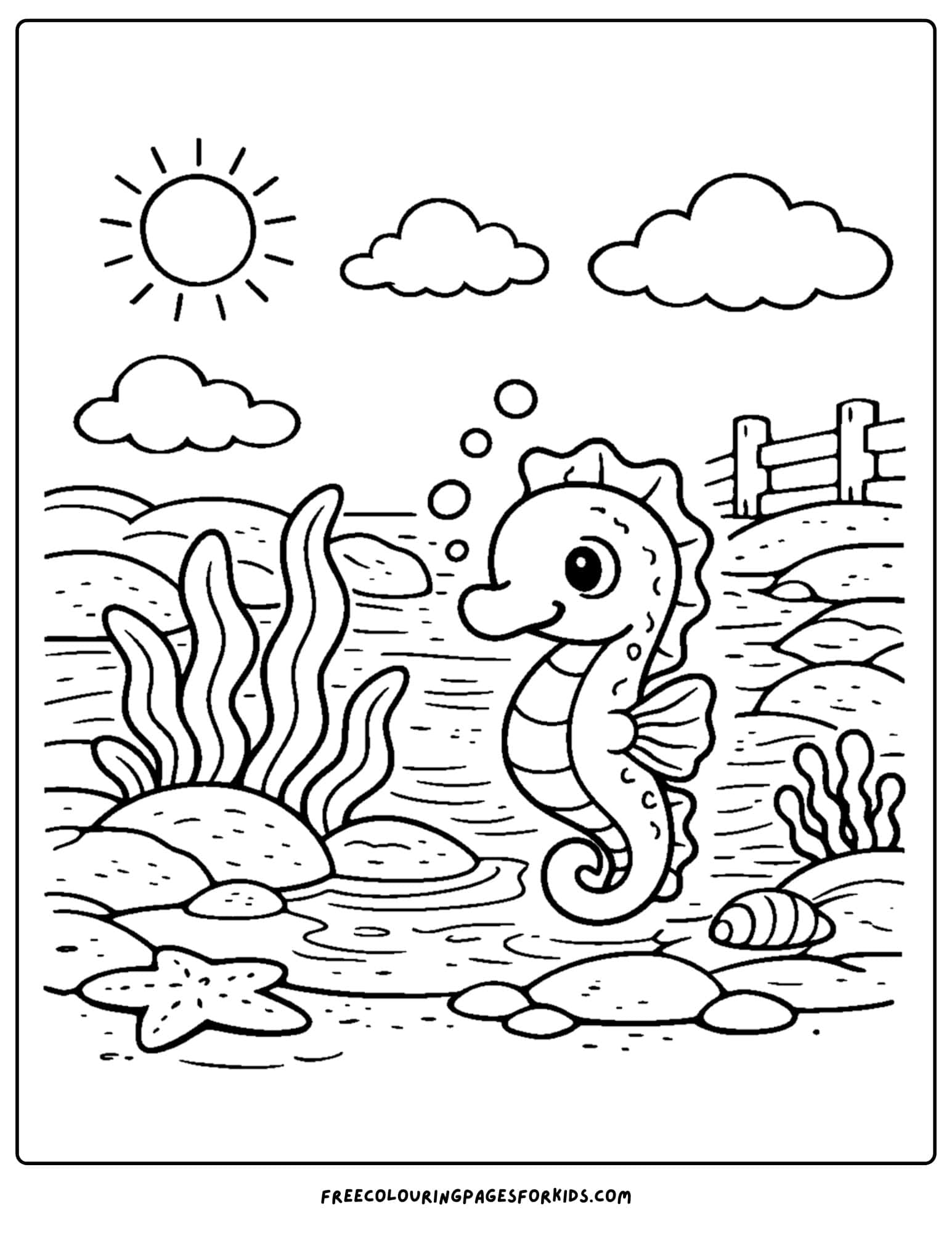 a tide pool coloring page showing a seahorse in front of a tide pool