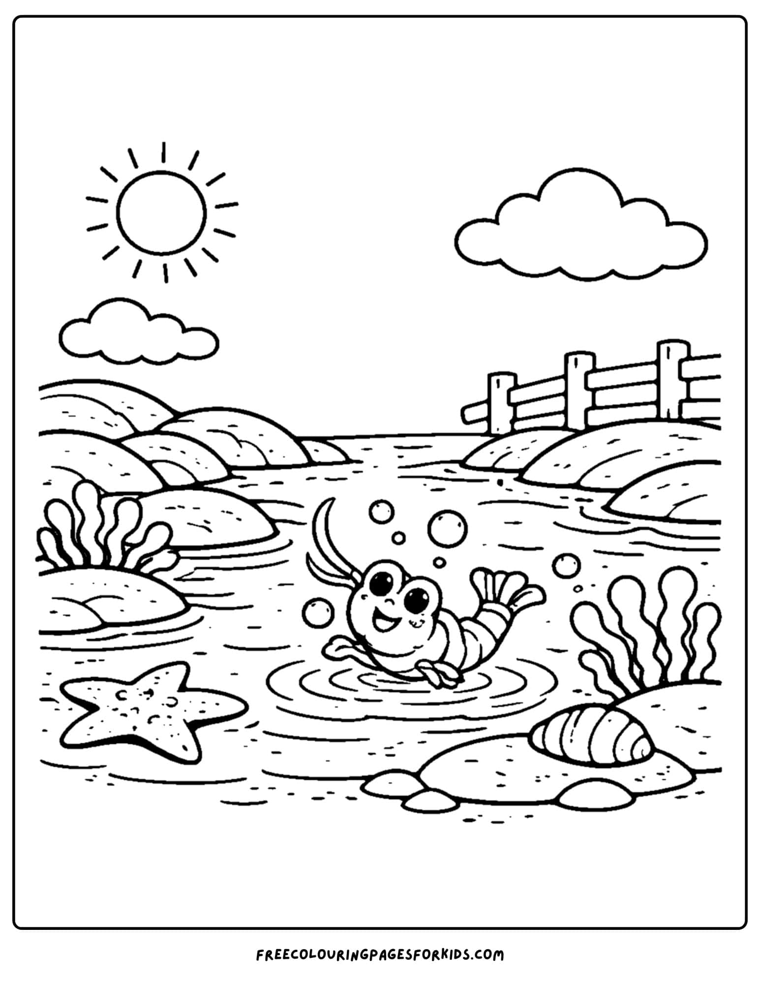 a tide pool coloring page showing a shrimp splashing about