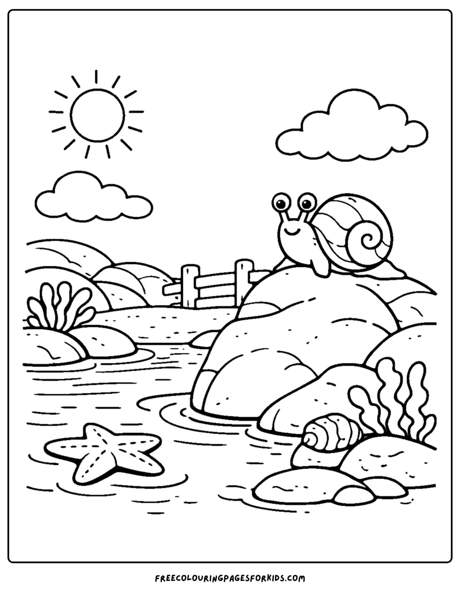 a tide pool coloring page showing a snail on a rock above the water