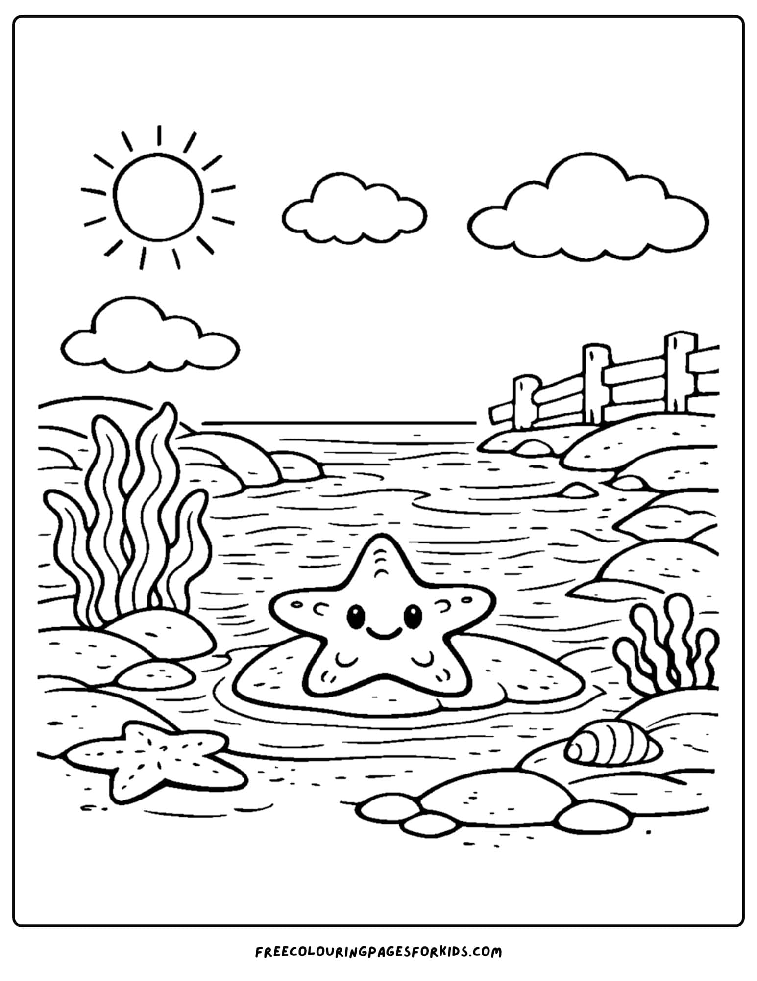 a tide pool coloring page showing a starfish relaxing in the water