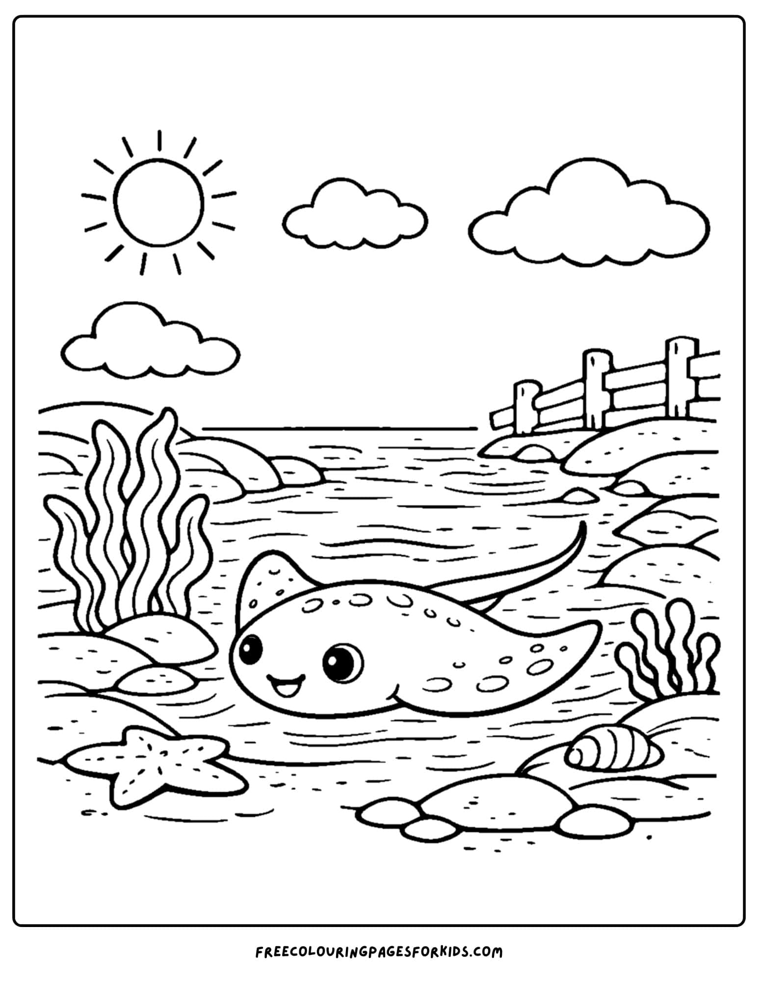 a tide pool coloring page showing a stingray gliding around