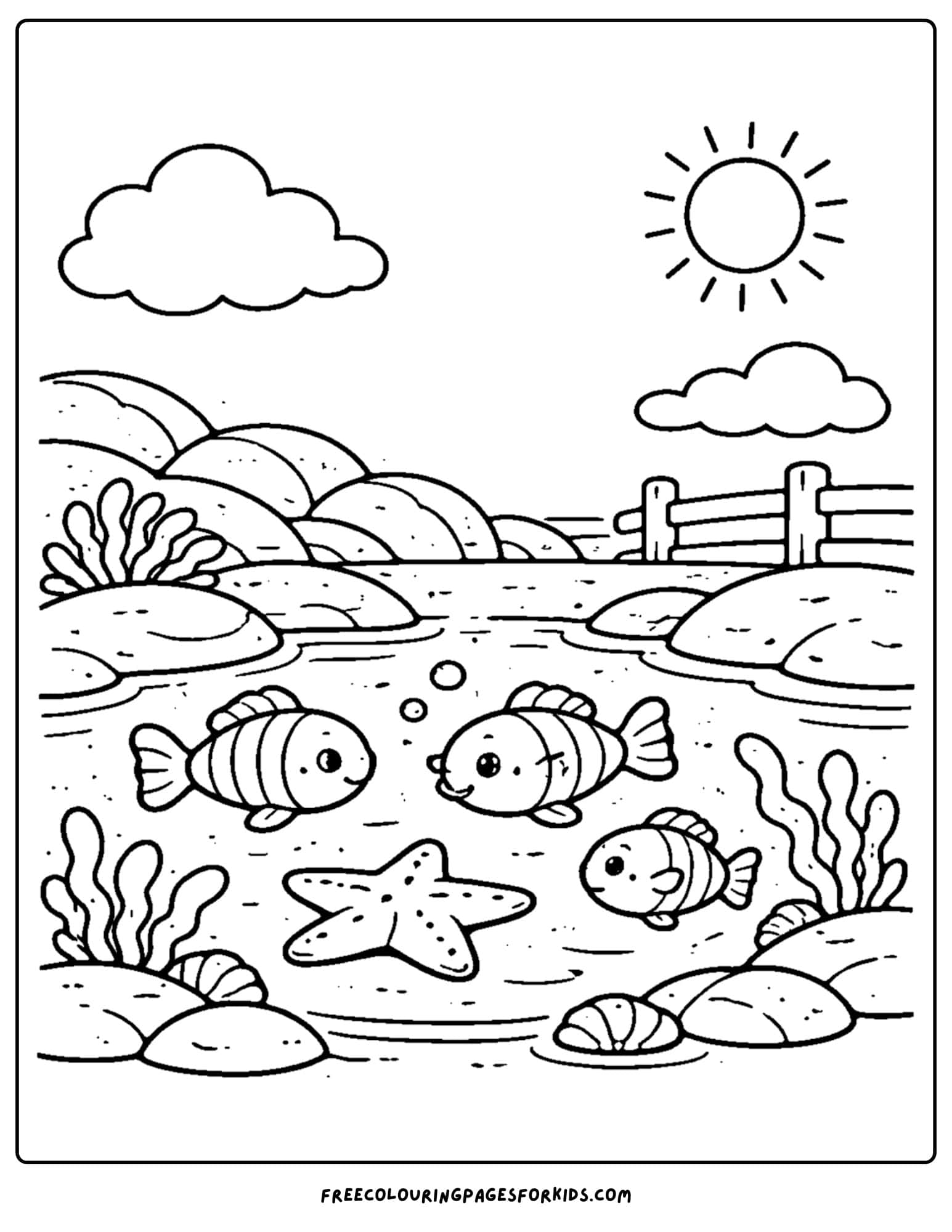 a tide pool coloring page showing fish swimming around