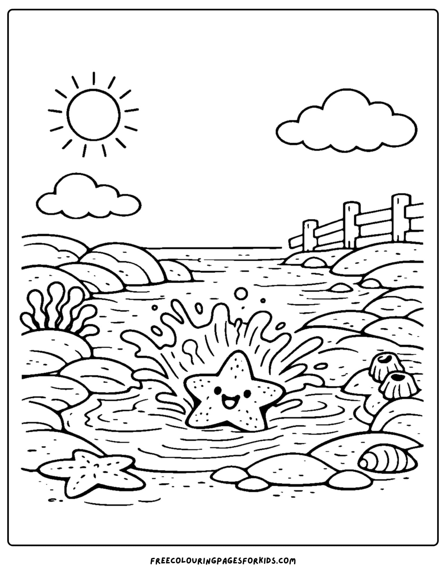 a tide pool coloring page showing a starfish splasing in the water